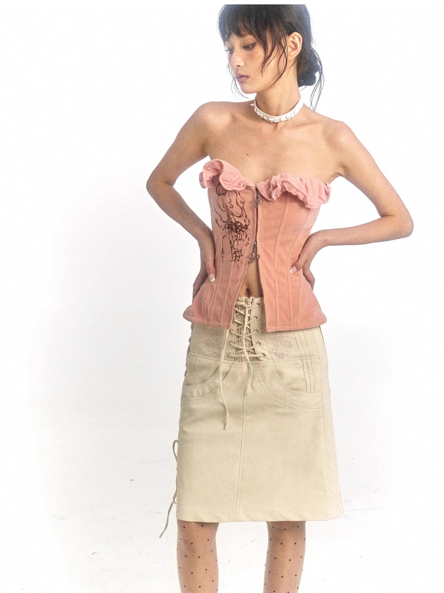 Pink Printed Deformable Pleated Lace Corset Zipper Tie V-Neck Top