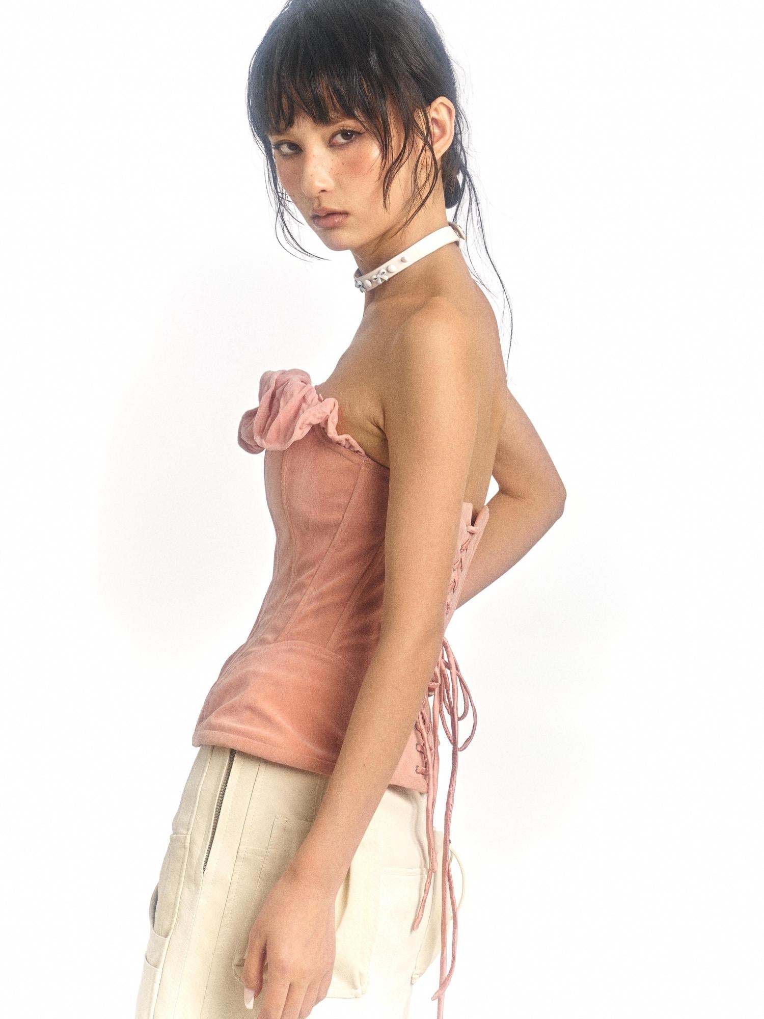 Flowers birds Market Pink Printed Deformable Pleated Lace Corset Zipper Tie V-Neck Top