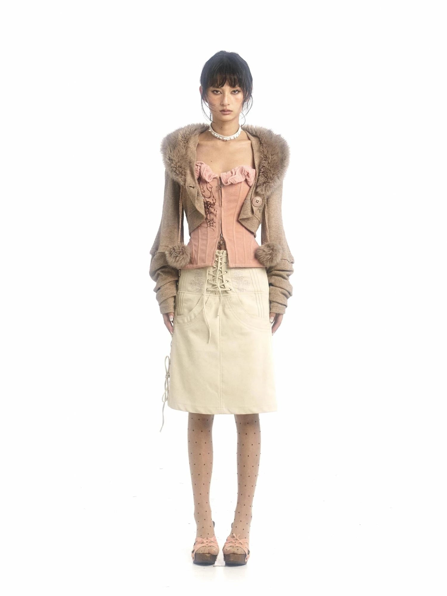 Pink Printed Deformable Pleated Lace Corset Zipper Tie V-Neck Top