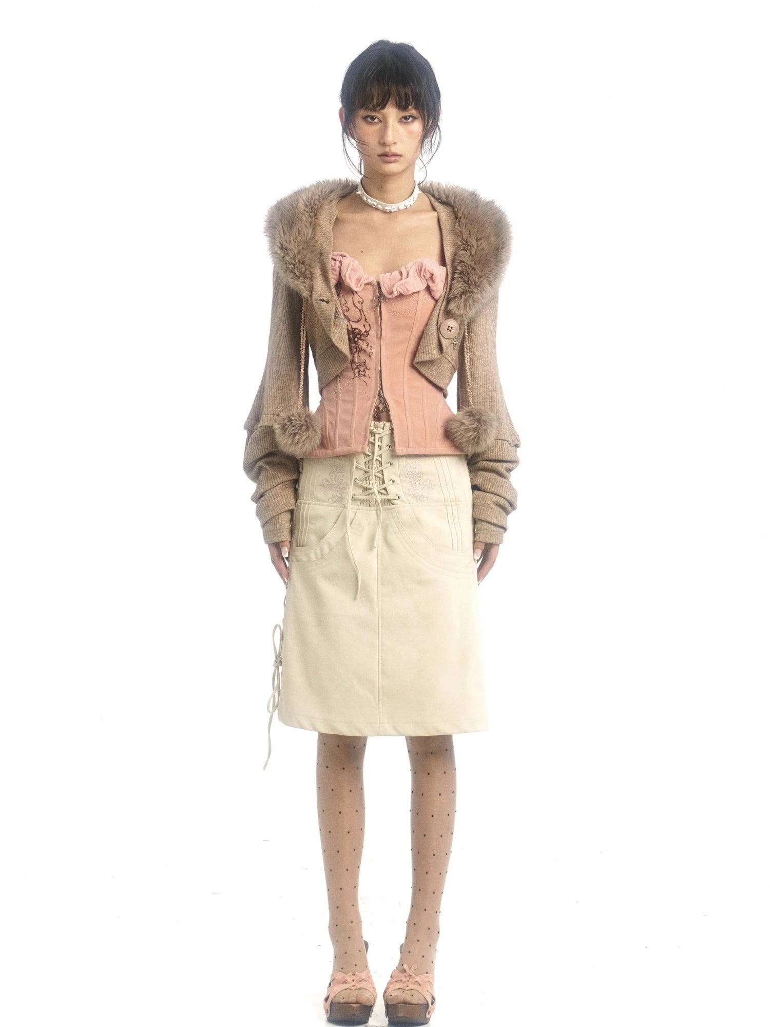 Pink Printed Deformable Pleated Lace Corset Zipper Tie V-Neck Top