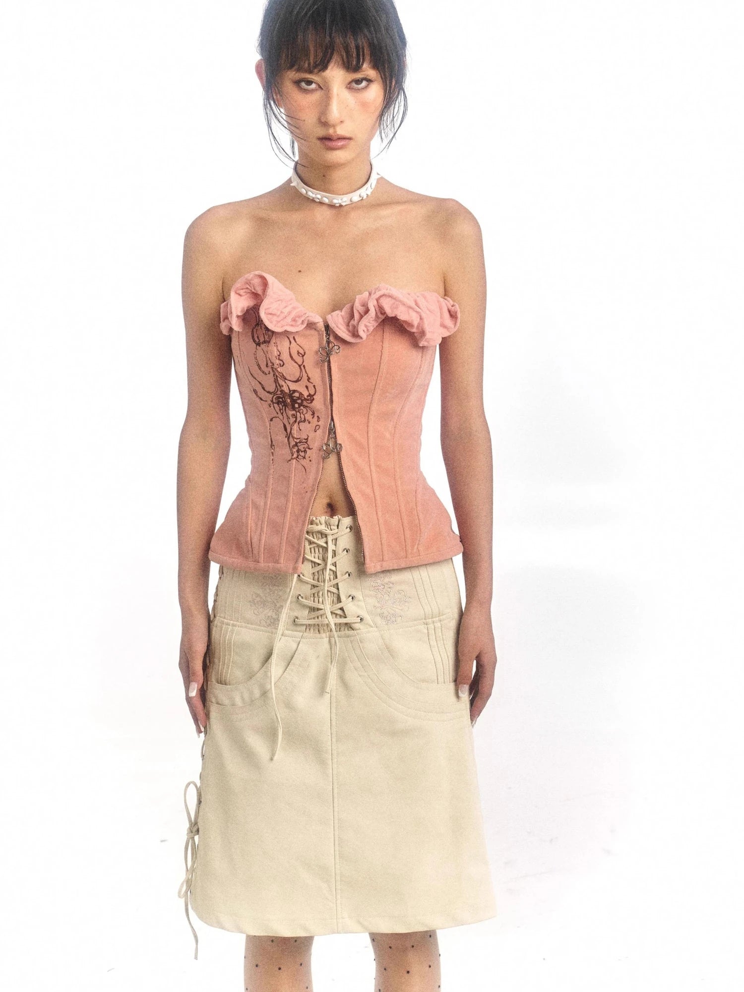 Pink Printed Deformable Pleated Lace Corset Zipper Tie V-Neck Top