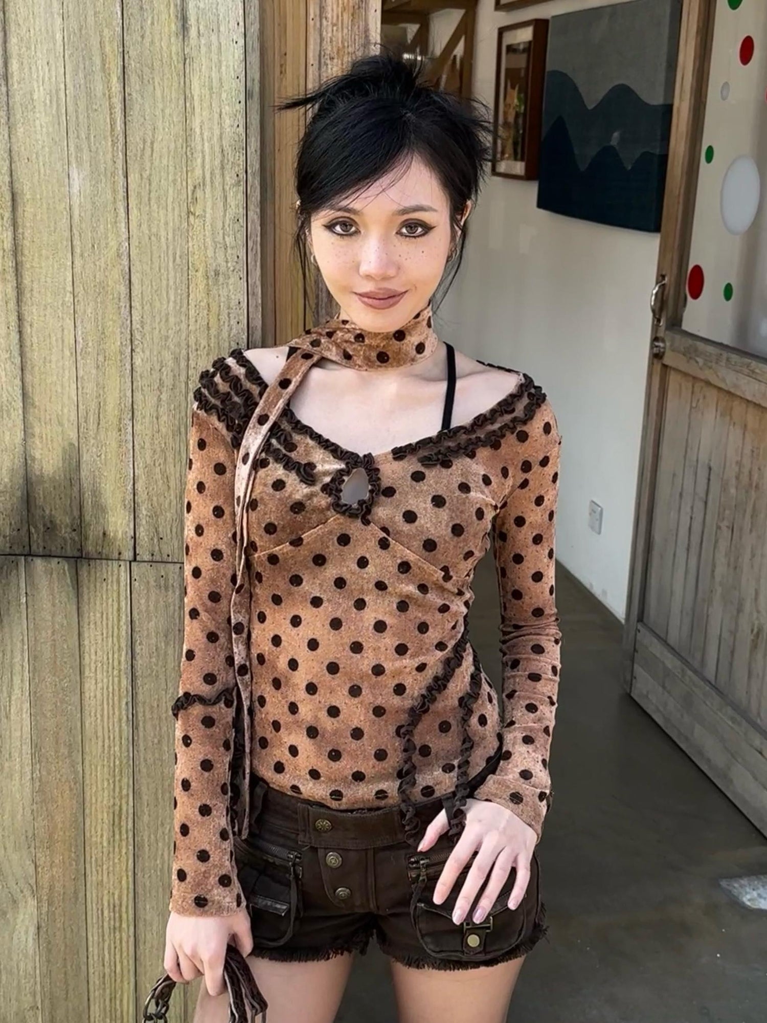 Polka Dot Control Velvet Vintage Slim Long Sleeve Blouse