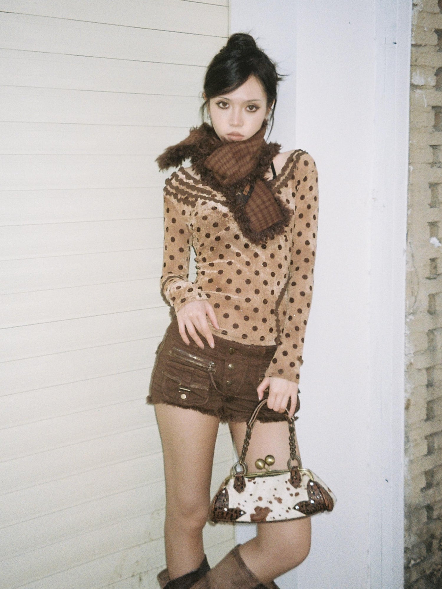 Flowers birds Market Polka Dot Control Velvet Vintage Slim Long Sleeve Blouse