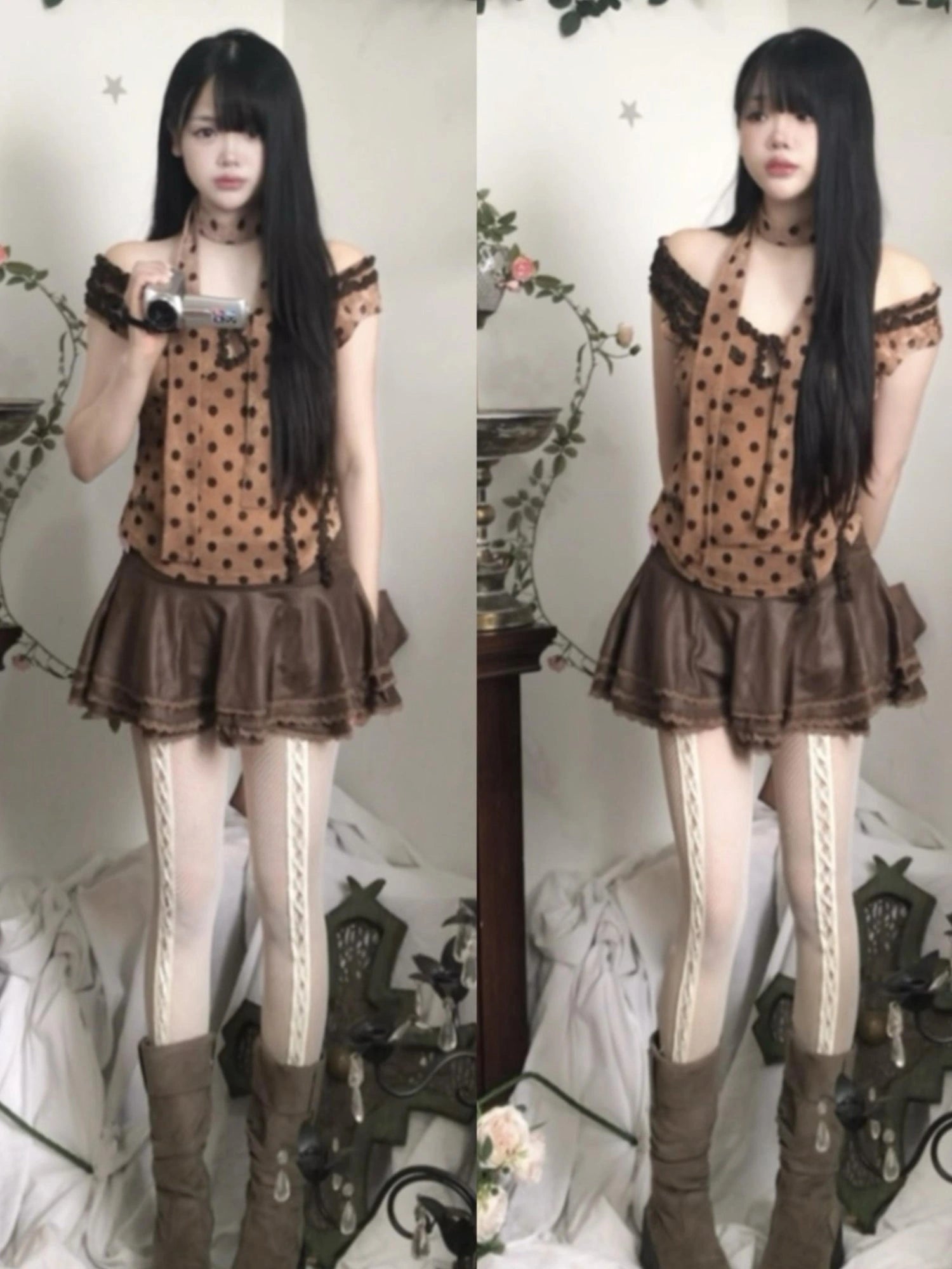 Polka Dot Control Velvet Vintage Slim Long Sleeve Blouse