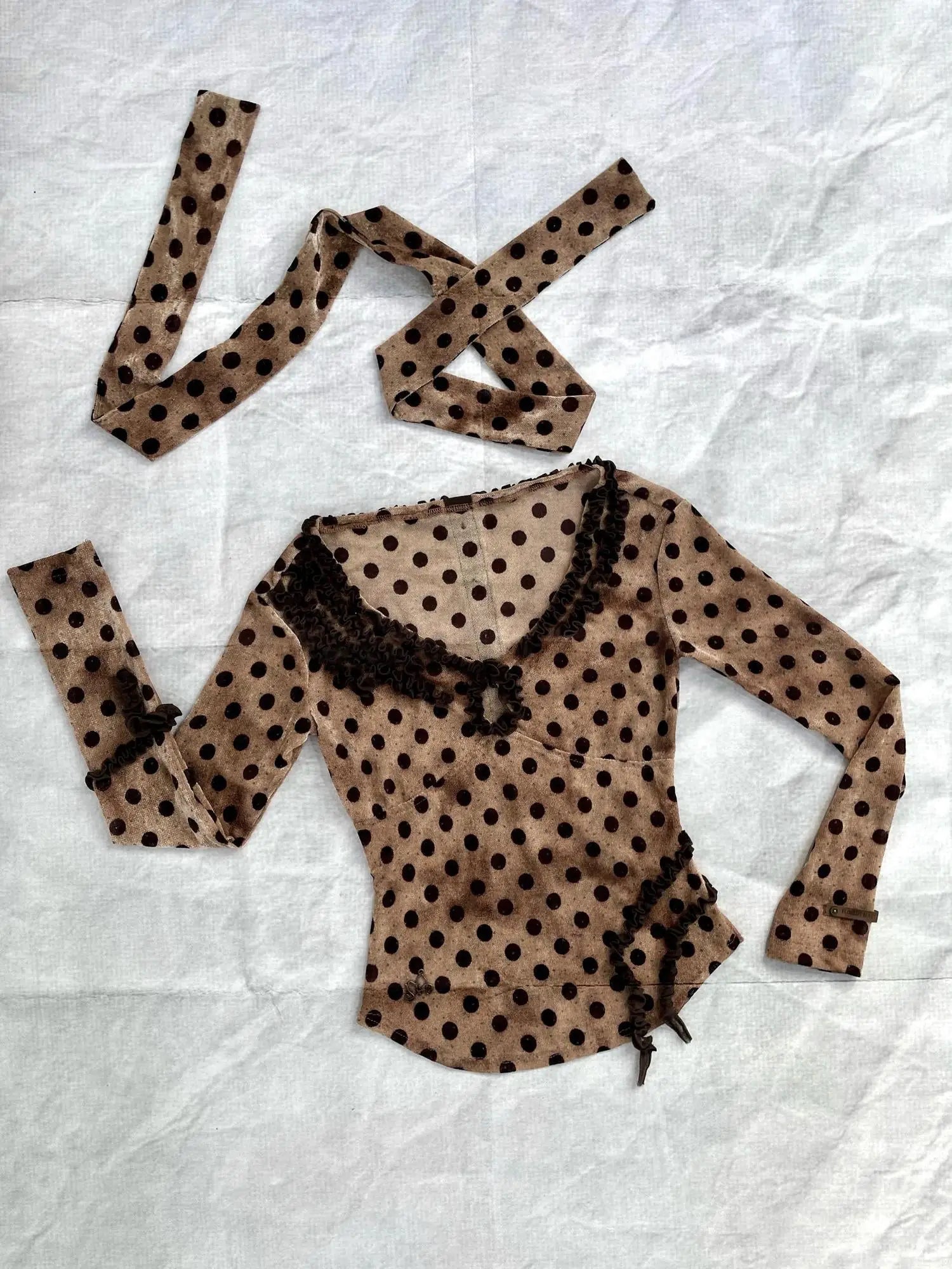 Polka Dot Control Velvet Vintage Slim Long Sleeve Blouse