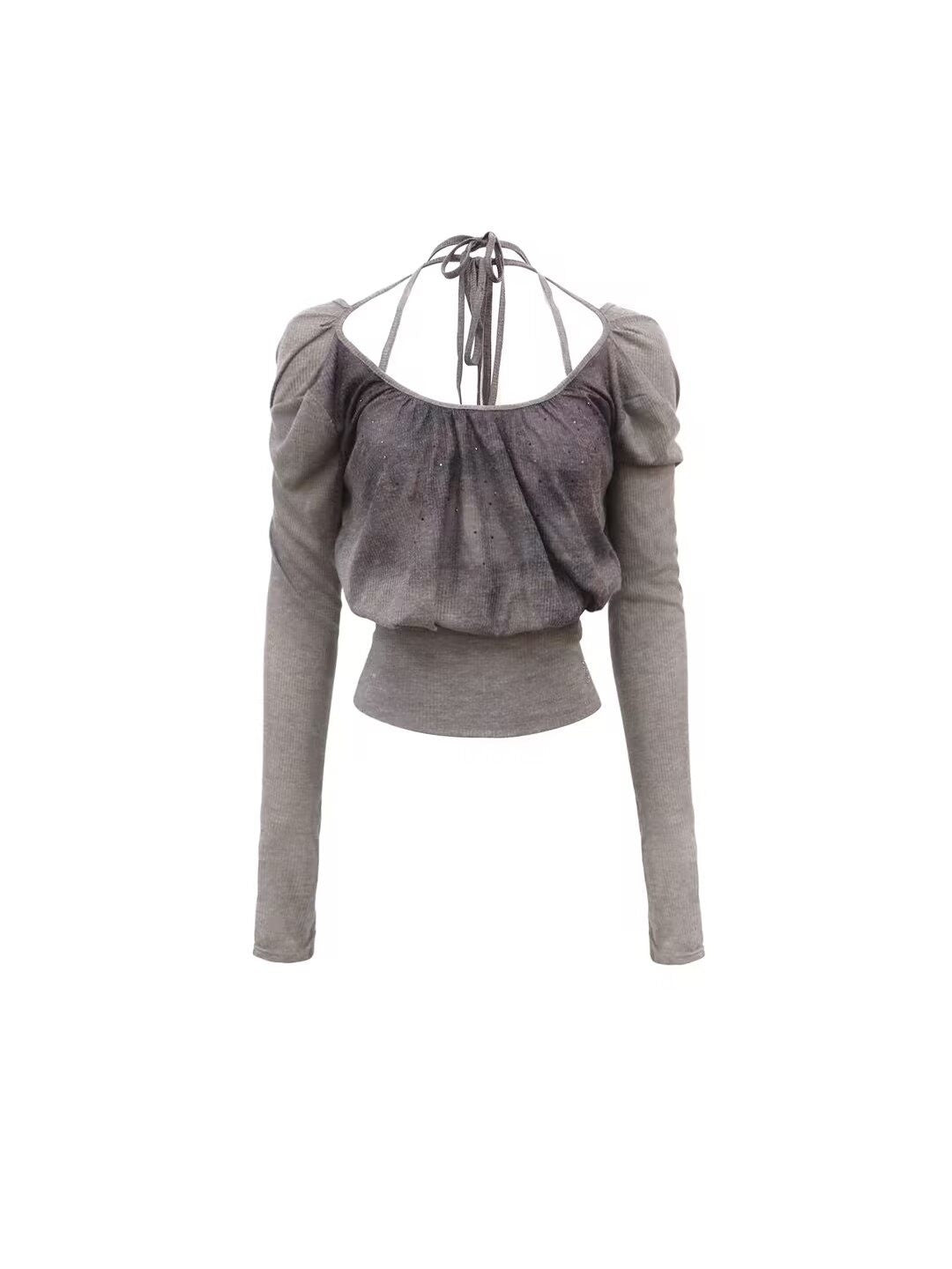 Flowers birds Market Pure Cotton Slim Fit Striped Crew Neck Cropped Grey Women Long Sleeve T-Shirts