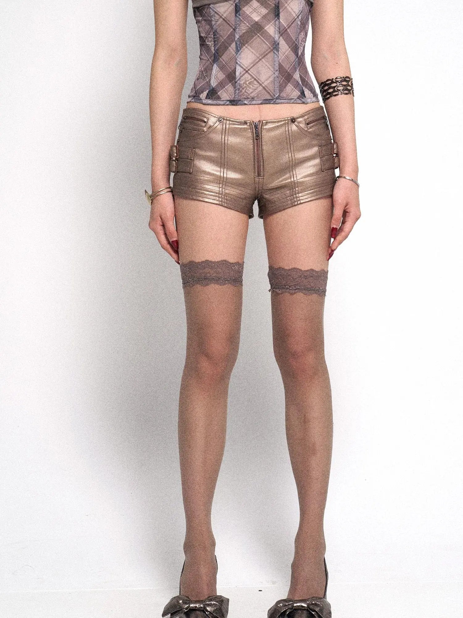 Rose Gold Y2K PU Leather Mini Shorts