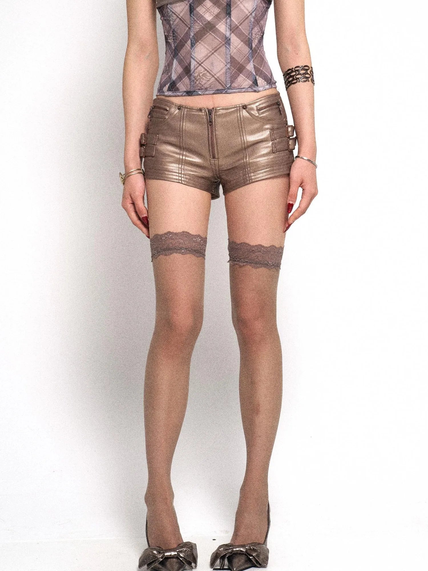 Rose Gold Y2K PU Leather Mini Shorts