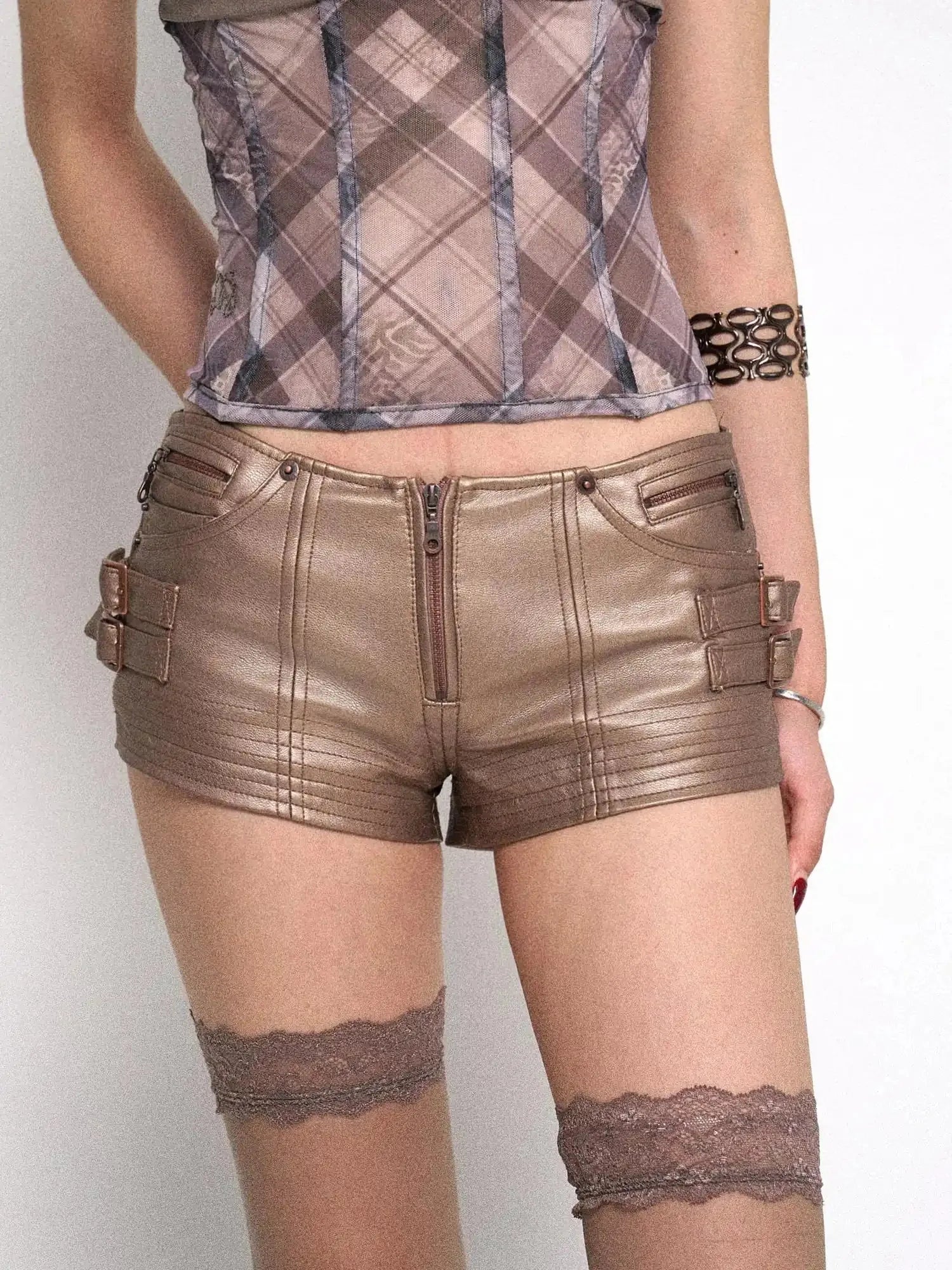Rose Gold Y2K PU Leather Mini Shorts