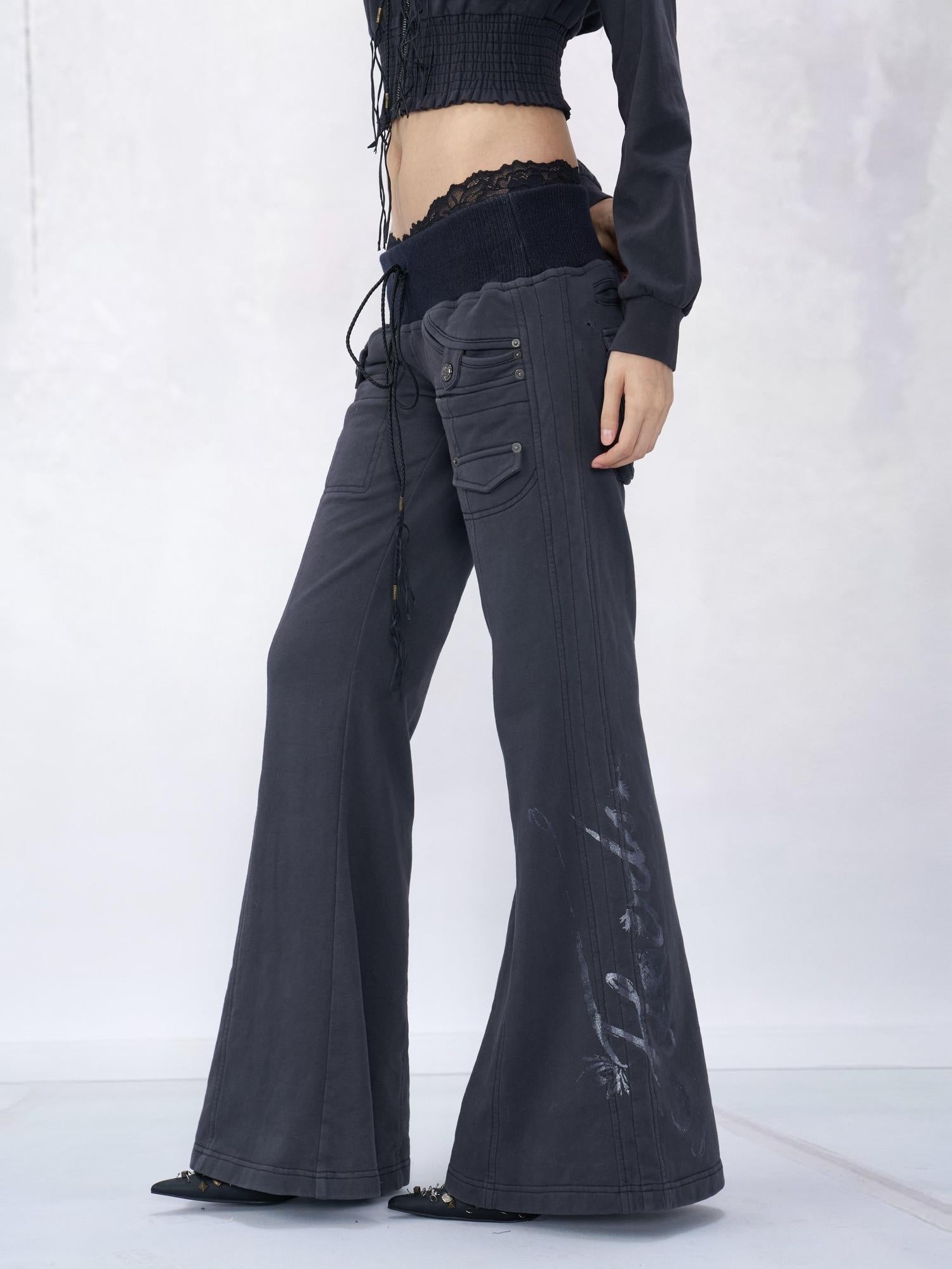 Flowers birds Market Soft Cotton 100% Printed Flare Sexy Natural Waist Womens Blue Purple Sweatpants