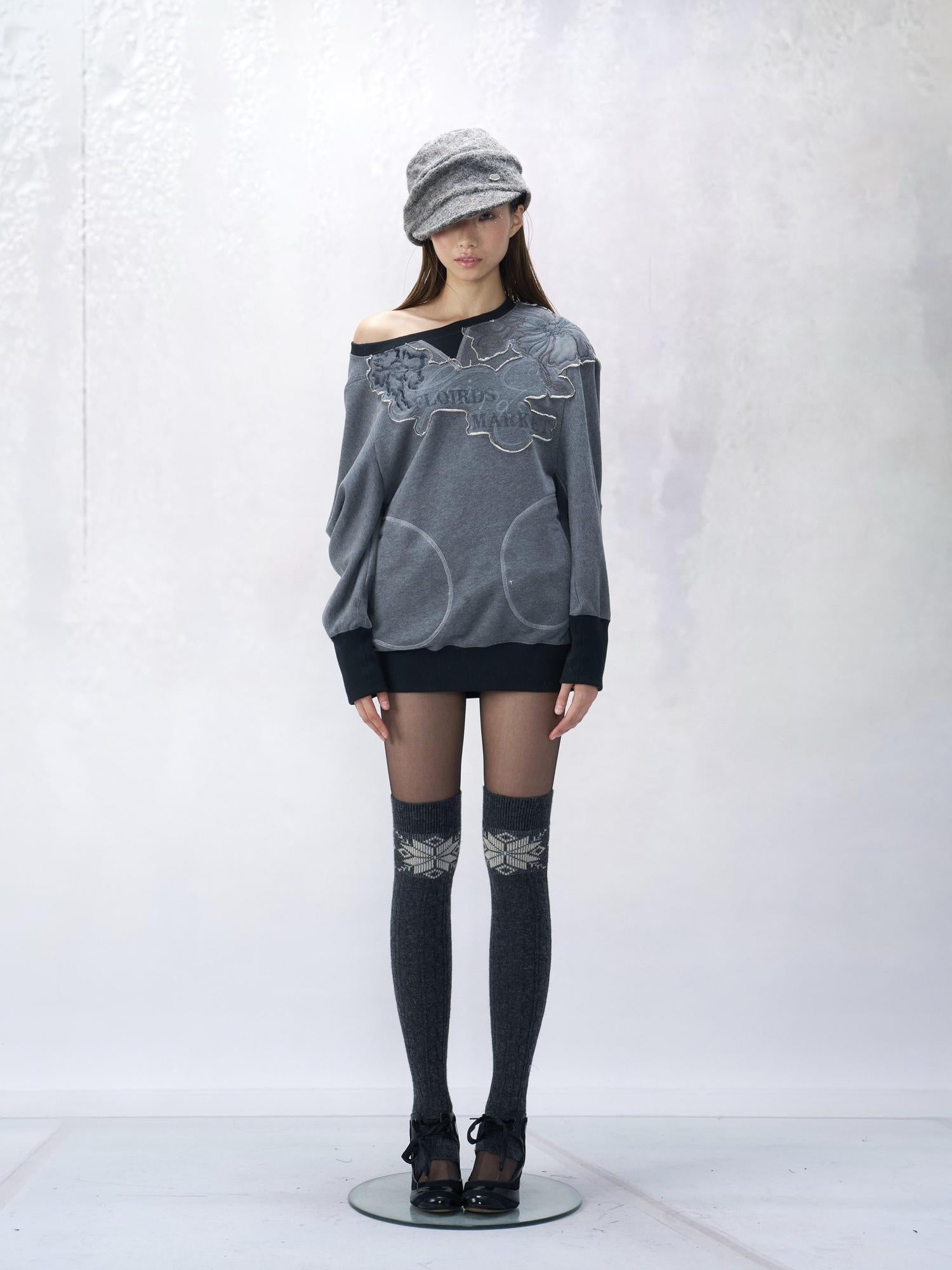 Flowers_birds_Market Soft Cotton Floral Loose Fit Slanted Neck Long Sleeve Women Commuter Sweatshirts