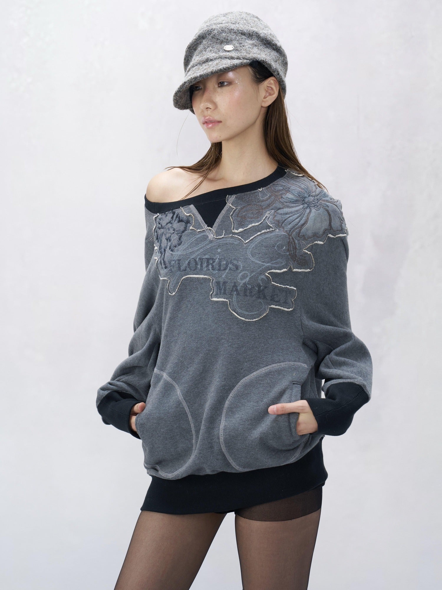 Flowers_birds_Market Soft Cotton Floral Loose Fit Slanted Neck Long Sleeve Women Commuter Sweatshirts