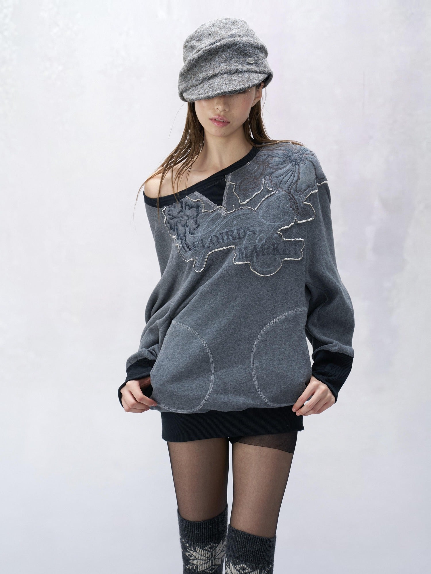 Flowers_birds_Market Soft Cotton Floral Loose Fit Slanted Neck Long Sleeve Women Commuter Sweatshirts