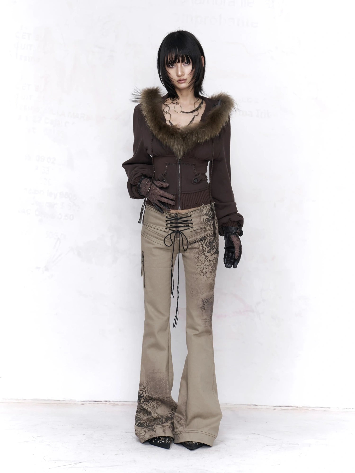 Flowers birds Market Soft Cotton Stretch Distressed Vintage Low Rise Slim Lace Up Khaki Women Jeans