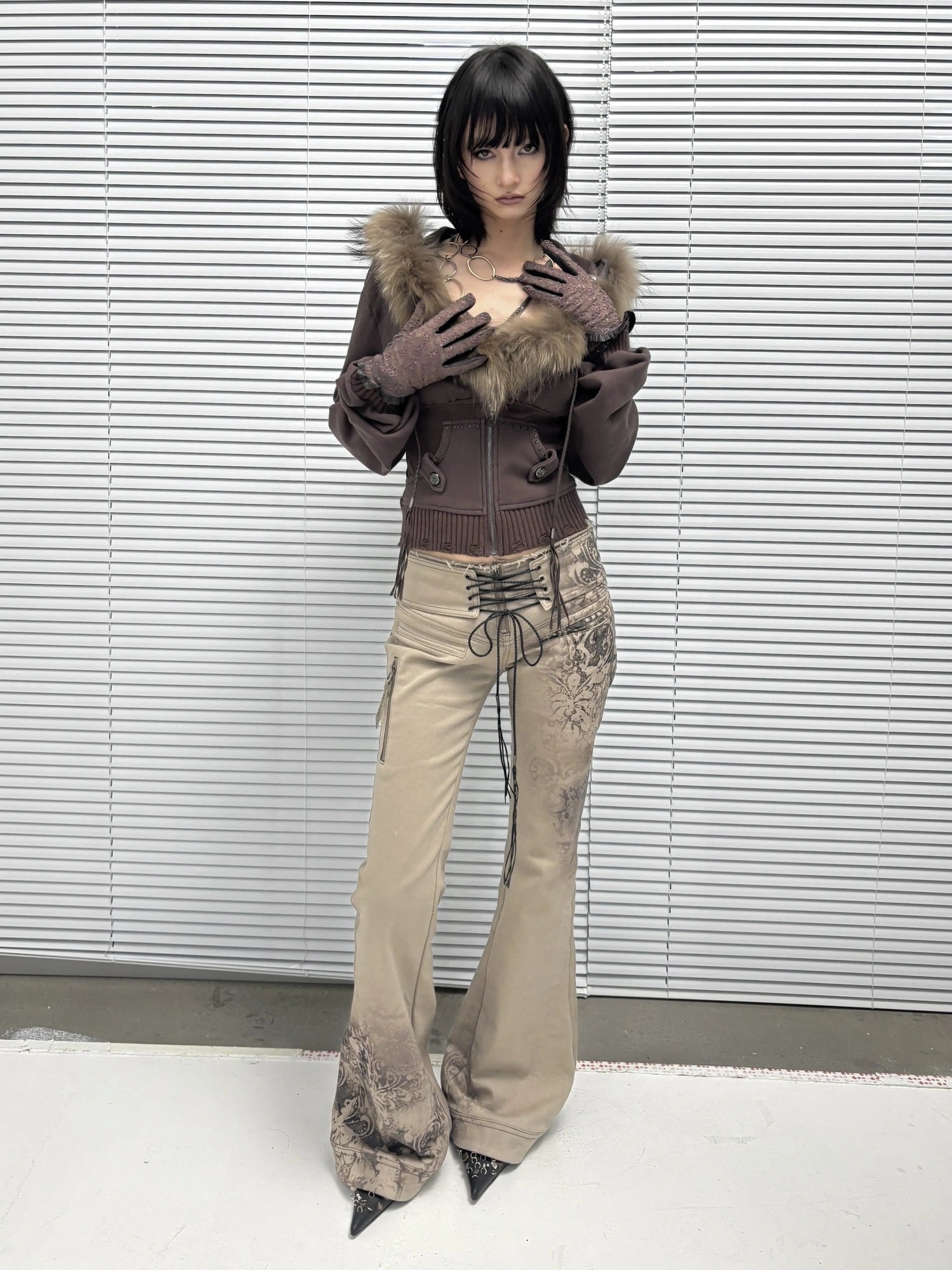 Flowers birds Market Soft Cotton Stretch Distressed Vintage Low Rise Slim Lace Up Khaki Women Jeans