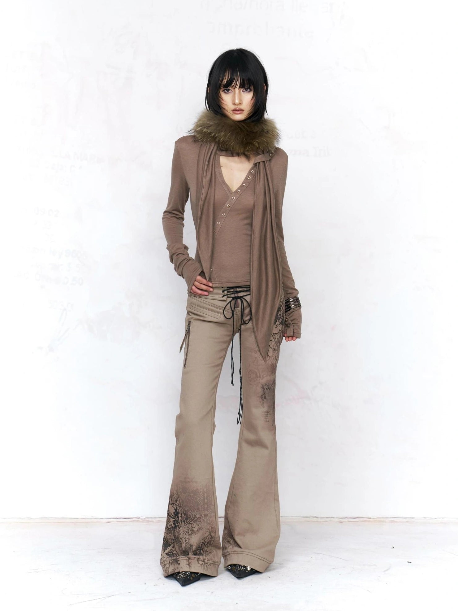 Flowers birds Market Soft Cotton Stretch Distressed Vintage Low Rise Slim Lace Up Khaki Women Jeans