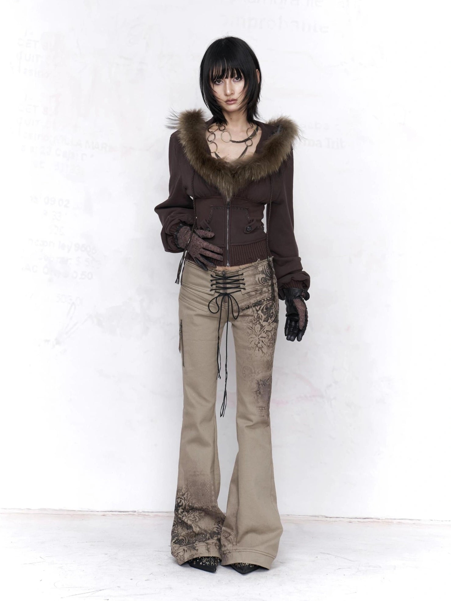 Flowers birds Market Soft Cotton Stretch Distressed Vintage Low Rise Slim Lace Up Khaki Women Jeans