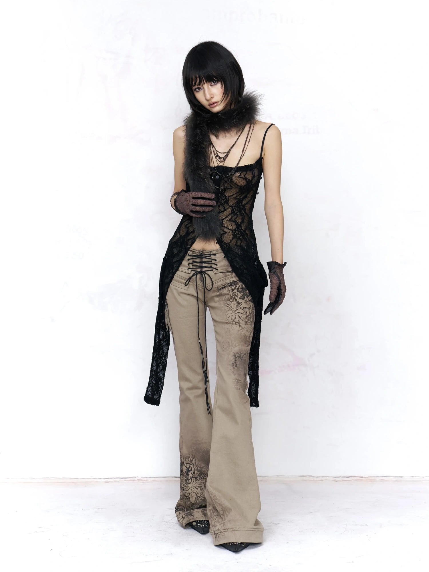 Flowers birds Market Soft Cotton Stretch Distressed Vintage Low Rise Slim Lace Up Khaki Women Jeans