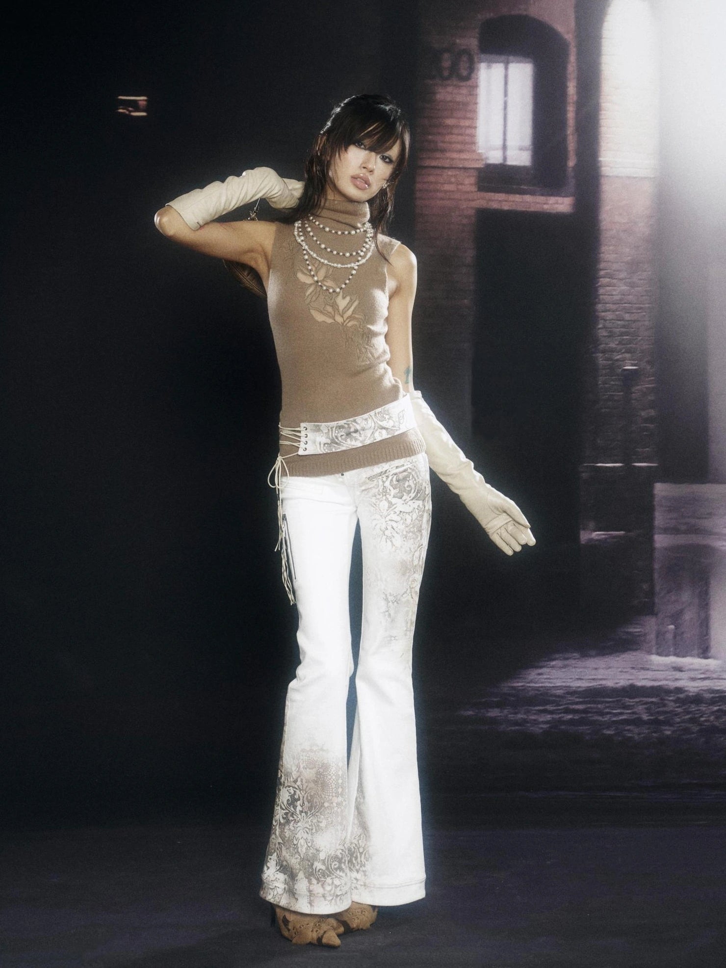 Flowers birds Market Soft Knit Slim Sleeveless Turtleneck Double Zipper Embroidered Women Tank Top