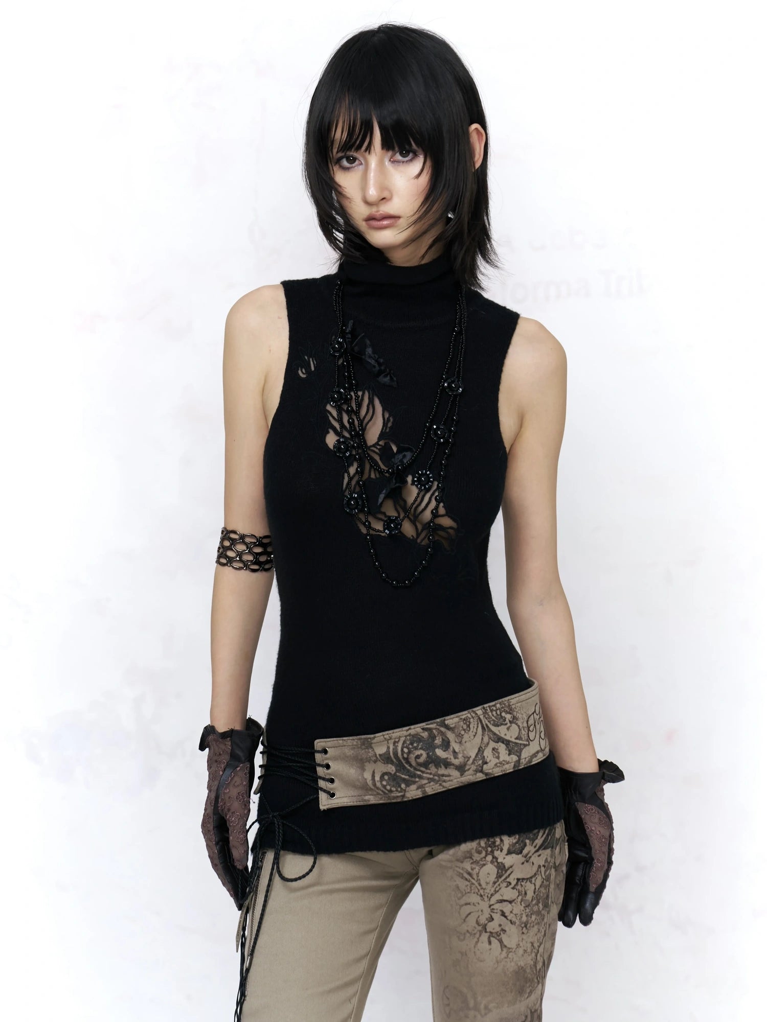 Flowers birds Market Soft Knit Slim Sleeveless Turtleneck Double Zipper Embroidered Women Tank Top