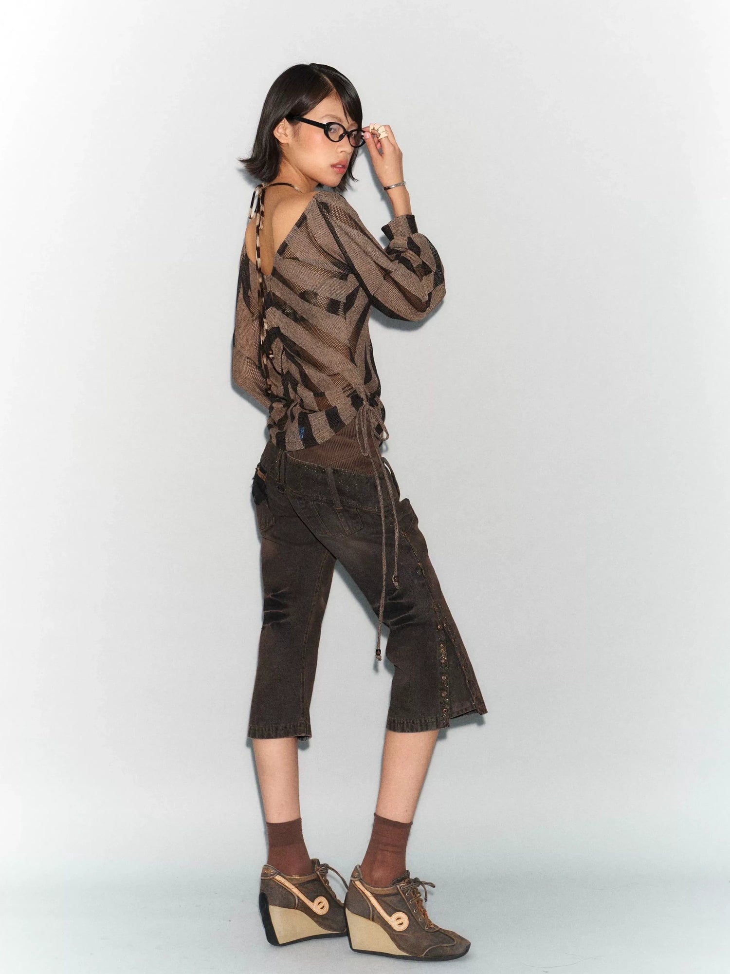 Flowers birds Market Soft Linen Blend Striped Asymmetric V Neck Loose Fit Women Long Sleeve Blouse