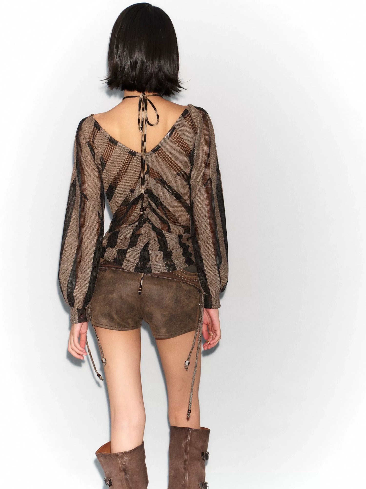 Flowers birds Market Soft Linen Blend Striped Asymmetric V Neck Loose Fit Women Long Sleeve Blouse