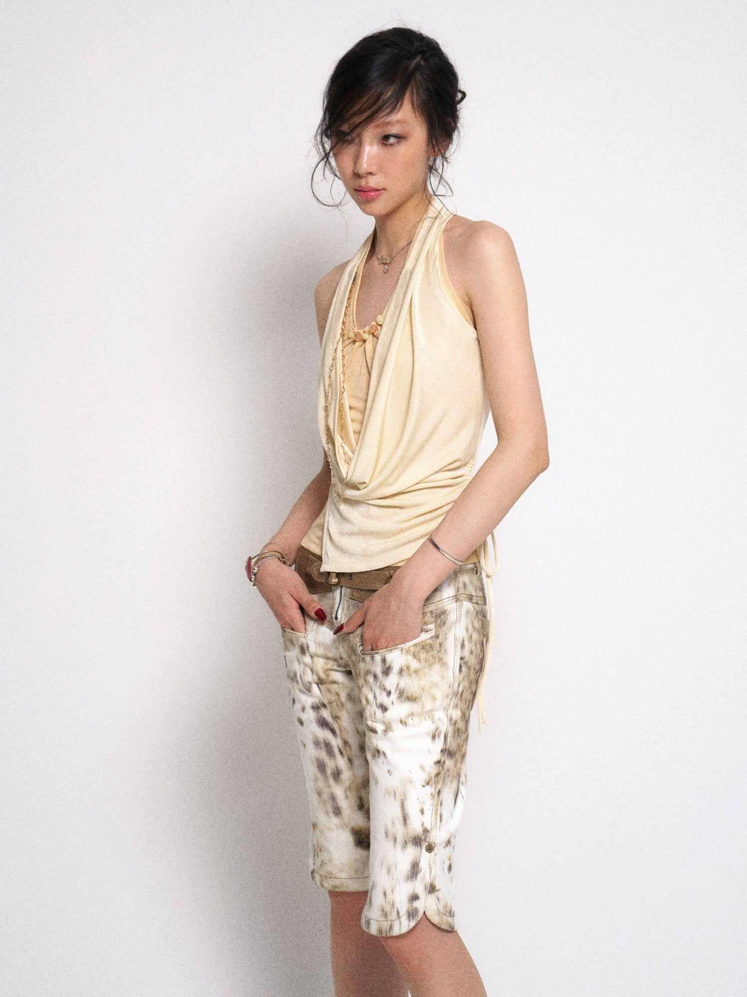 Flowers_birds_Market Soft Lyocell Ruched Halter Asymmetric Backless Tie Slim Milk Yellow Tank Tops