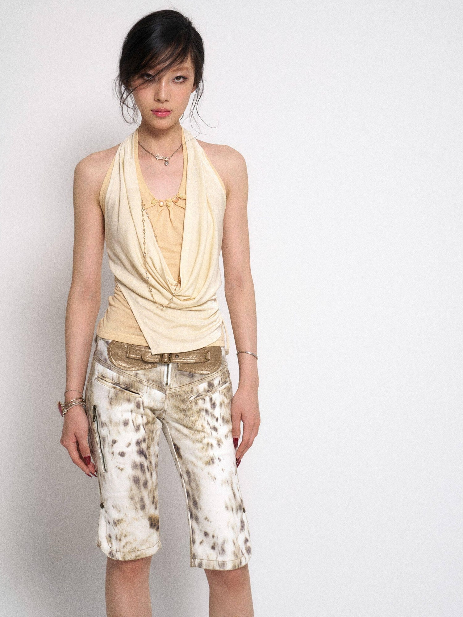 Flowers_birds_Market Soft Lyocell Ruched Halter Asymmetric Backless Tie Slim Milk Yellow Tank Tops