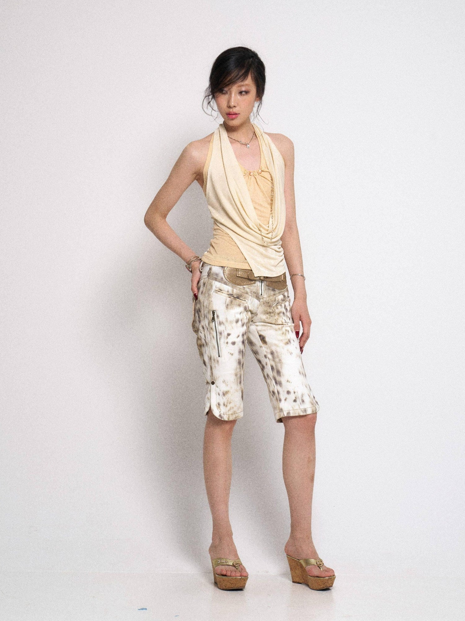 Flowers_birds_Market Soft Lyocell Ruched Halter Asymmetric Backless Tie Slim Milk Yellow Tank Tops