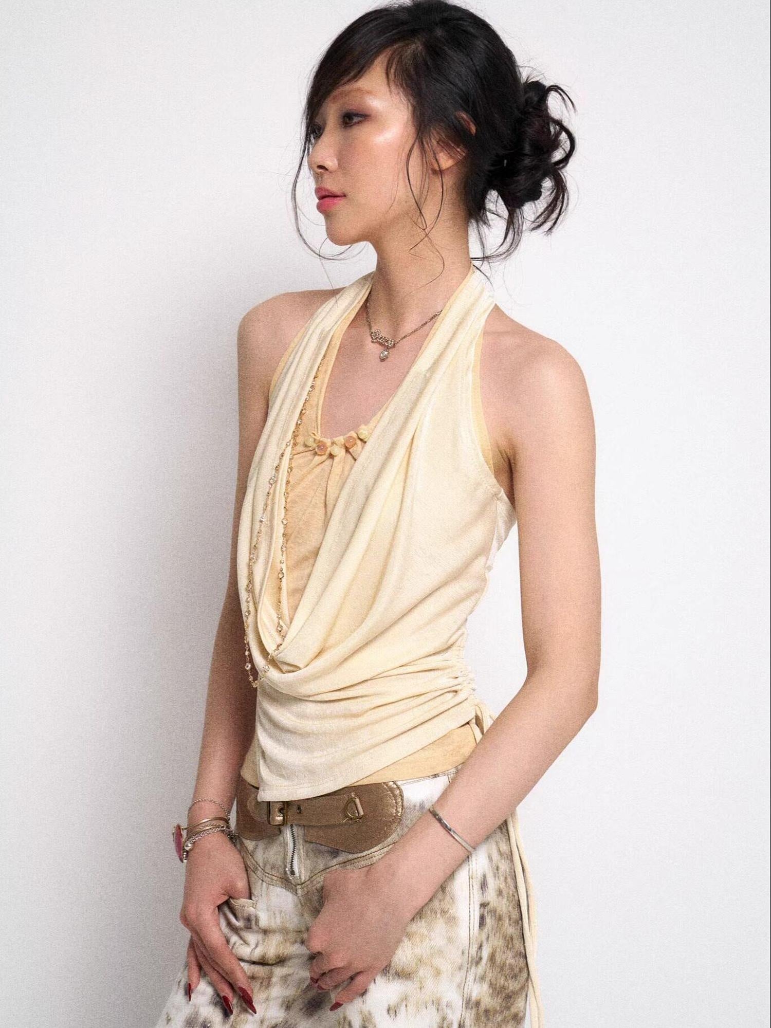 Flowers_birds_Market Soft Lyocell Ruched Halter Asymmetric Backless Tie Slim Milk Yellow Tank Tops