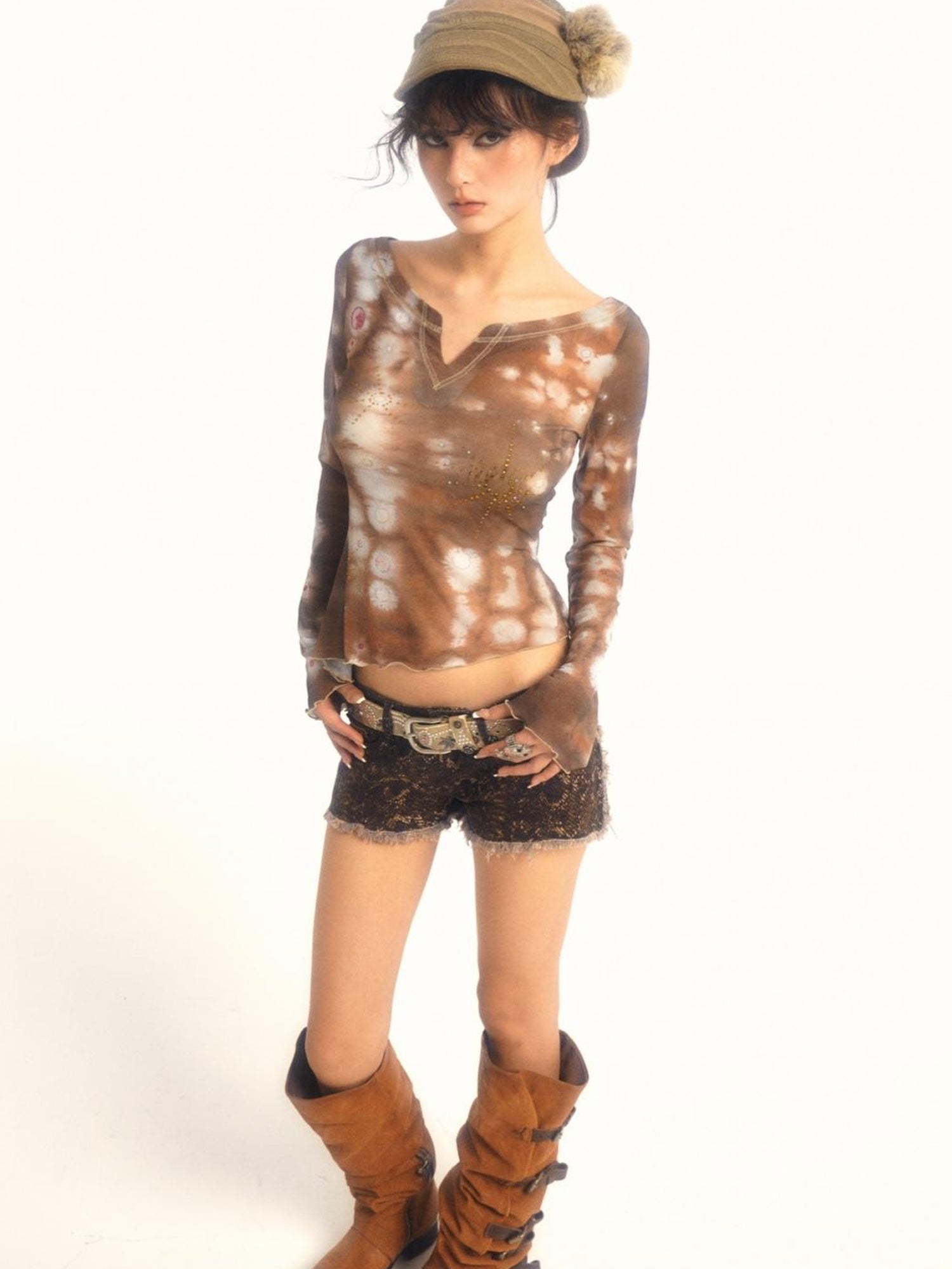 Flowers birds Market Sweet & Spicy Floral Mesh V Neck T Shirt Long Sleeve Top