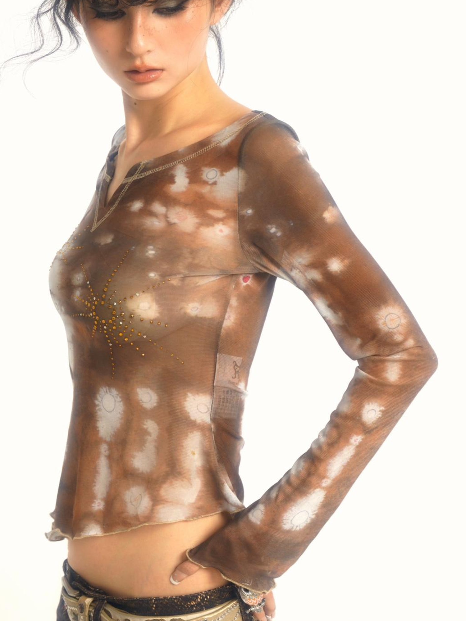 Sweet & Spicy Mesh V Neck T Shirt Long Sleeve Top
