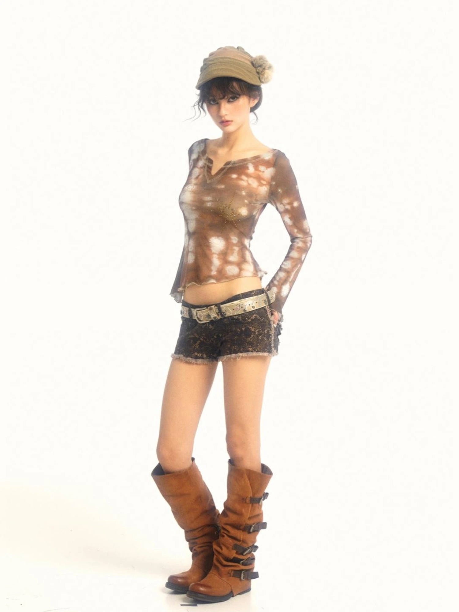 Sweet & Spicy Mesh V Neck T Shirt Long Sleeve Top