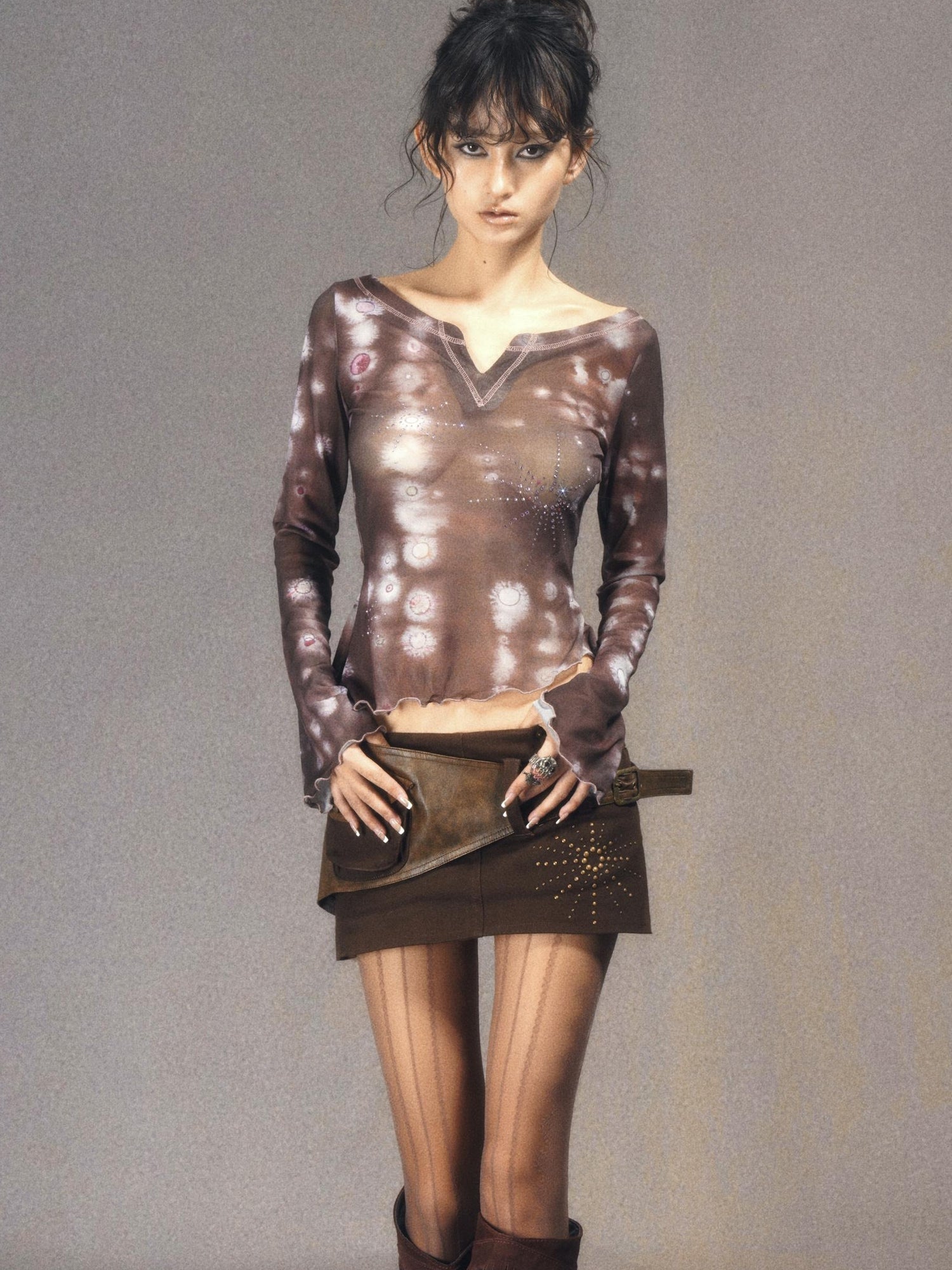 Sweet & Spicy Mesh V Neck T Shirt Long Sleeve Top