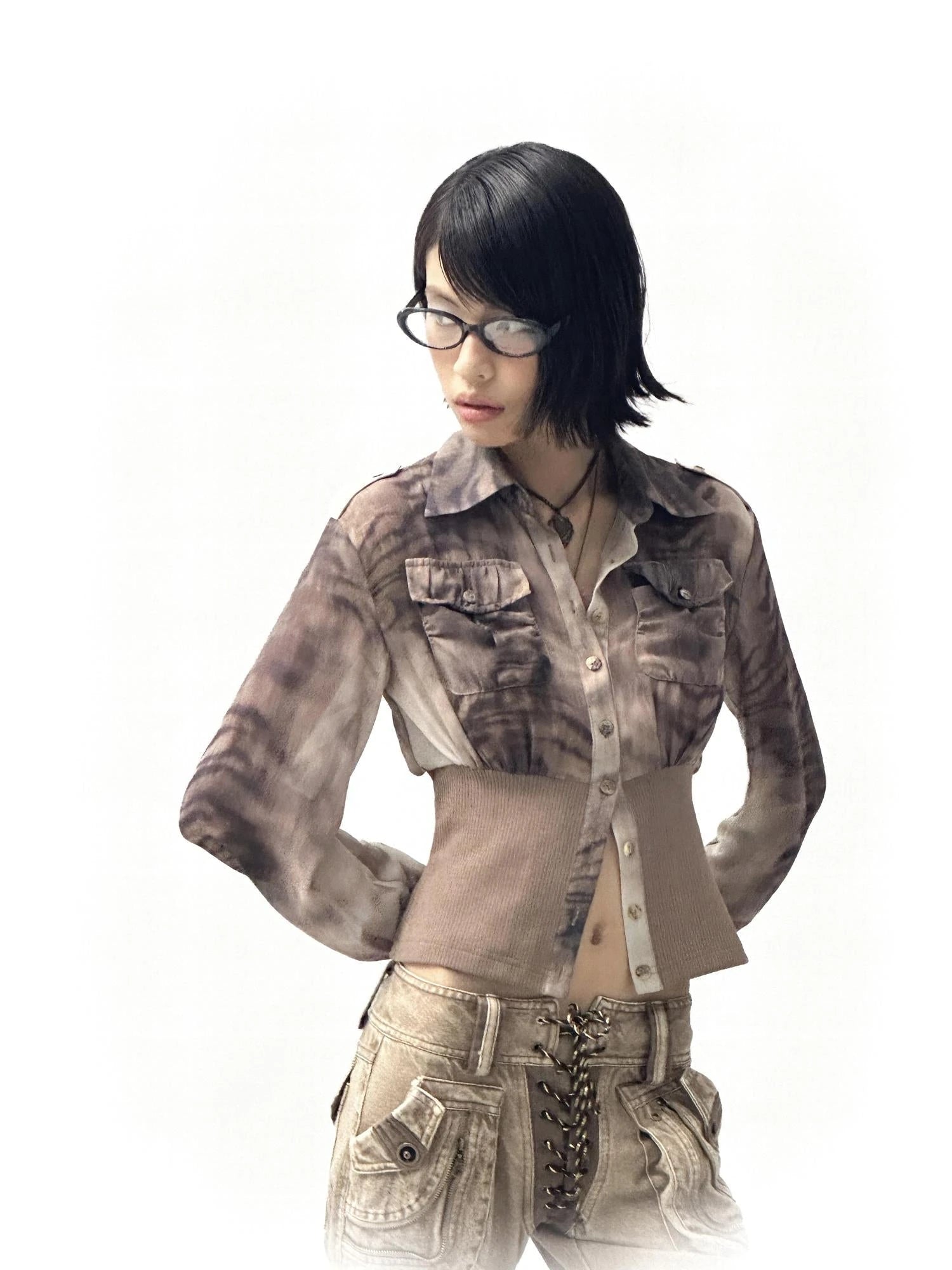 Tiger Print Slim Tie Dye Chiffon Long Sleeve Shirt