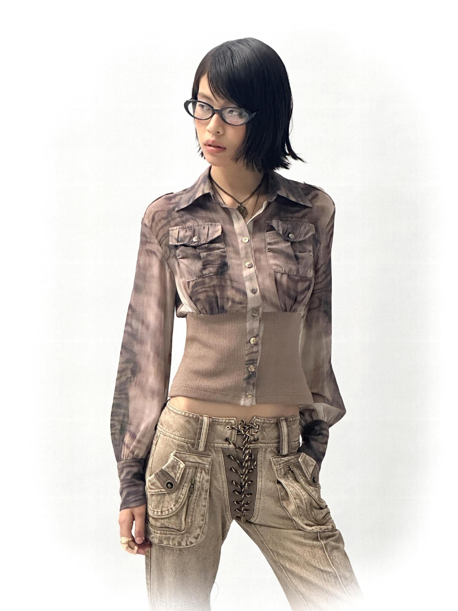Flowers birds Market Tiger Print Slim Tie Dye Chiffon Long Sleeve Shirt