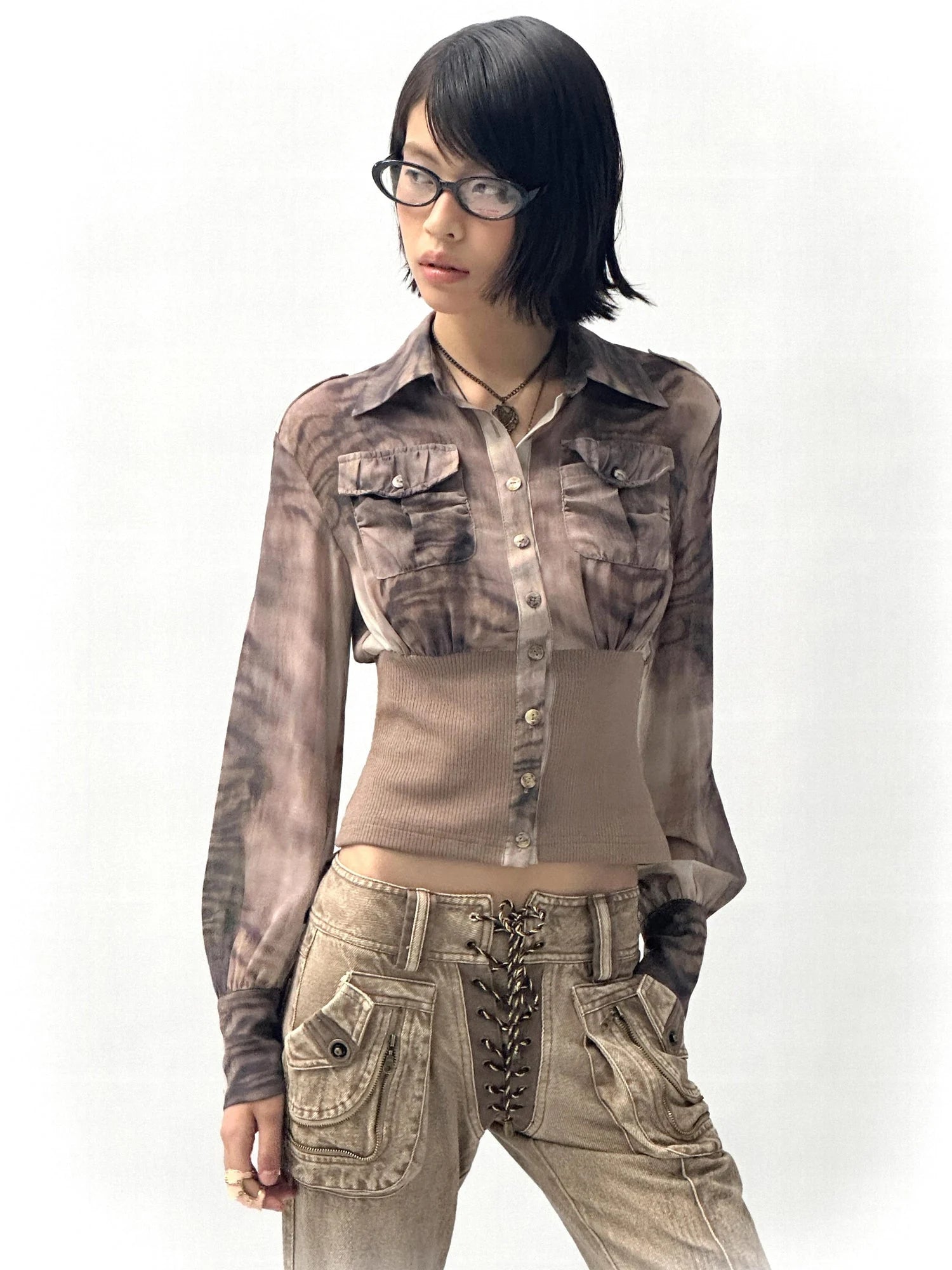 Tiger Print Slim Tie Dye Chiffon Long Sleeve Shirt