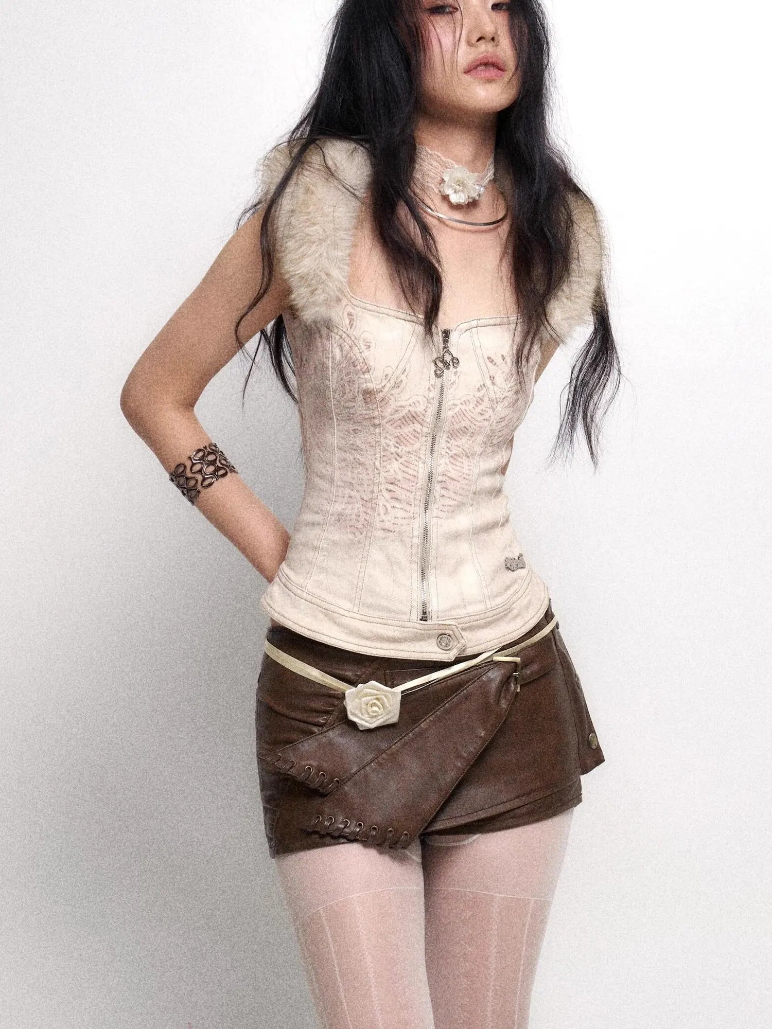 Two Tone Vintage Distressed Leather Shorts