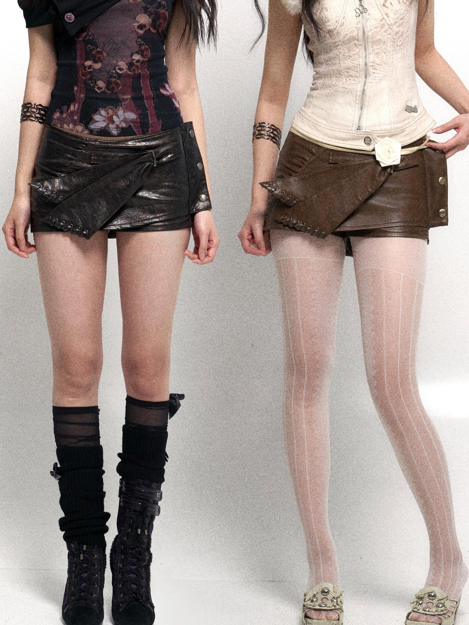 Flowers birds Market Two Tone Vintage Distressed Leather Shorts