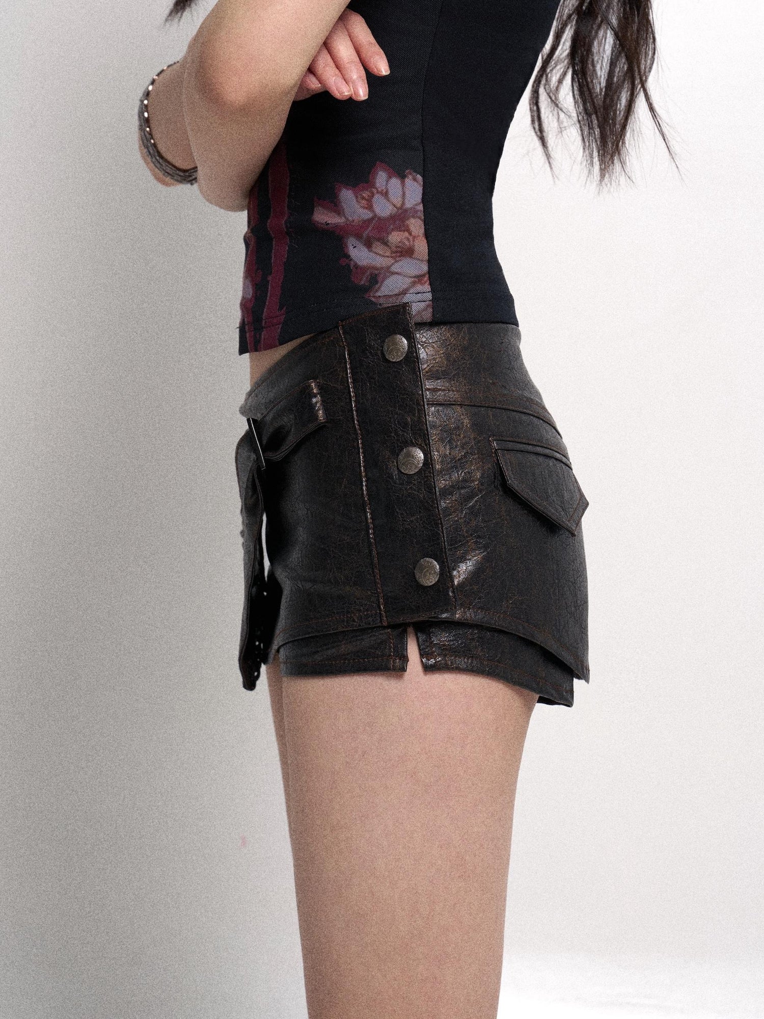 Flowers birds Market Two Tone Vintage Distressed Leather Shorts