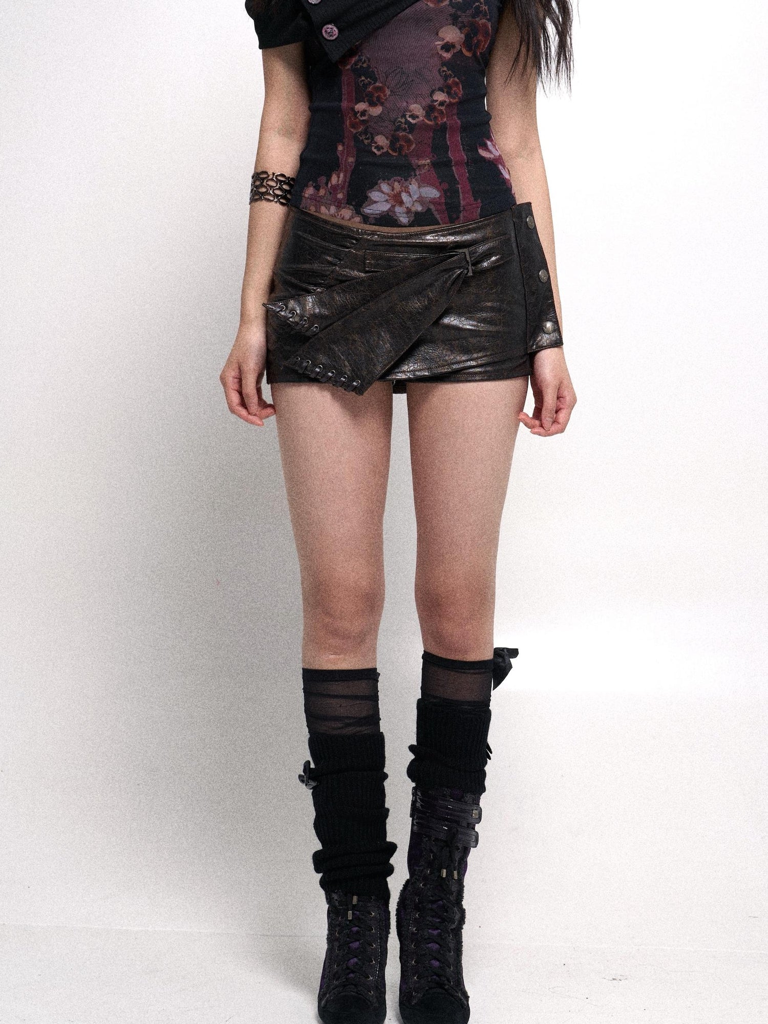 Flowers birds Market Two Tone Vintage Distressed Leather Shorts