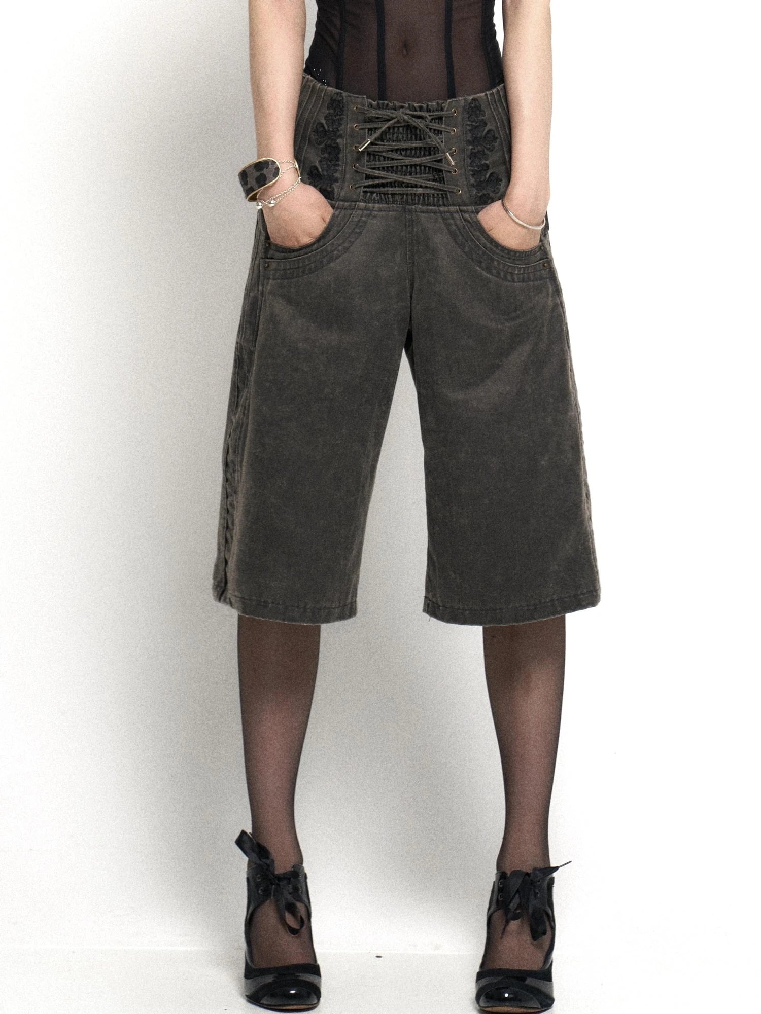 Vintage Embroidered Drawstring Wide Leg Shorts