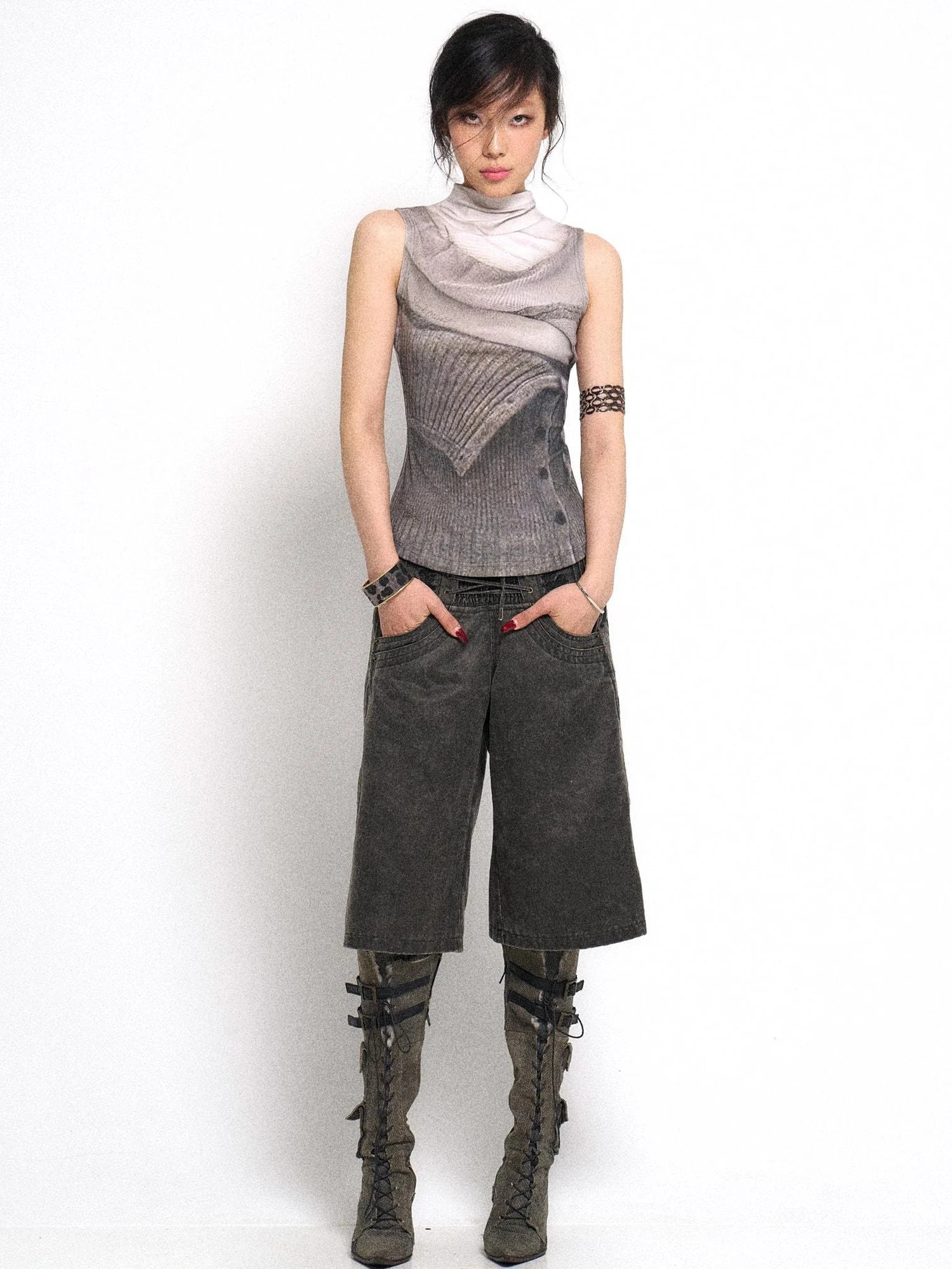 Vintage Embroidered Drawstring Wide Leg Shorts