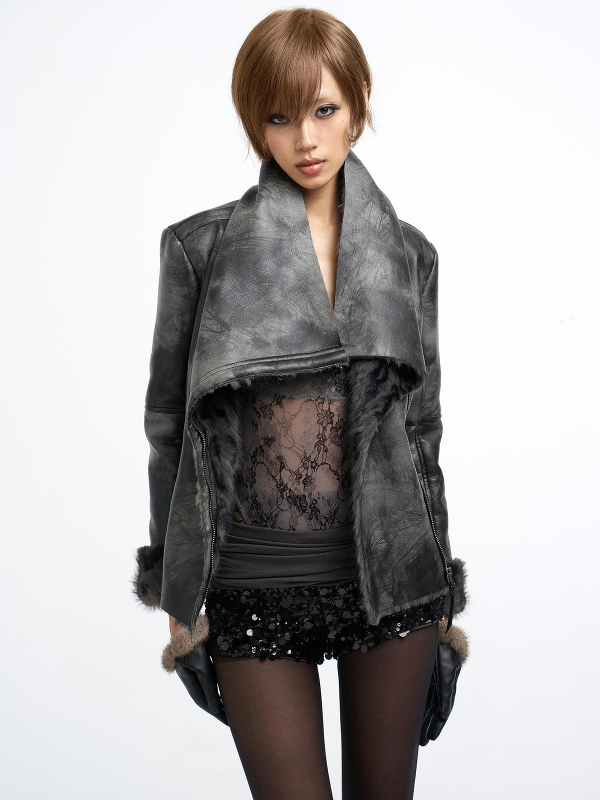 Flowers birds Market Vintage Faux Fur Trim Stand Collar Pu Women&