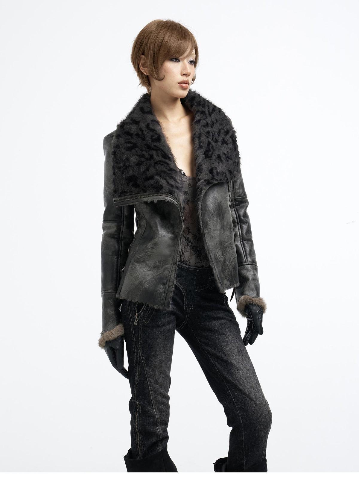 Flowers birds Market Vintage Faux Fur Trim Stand Collar Pu Women&