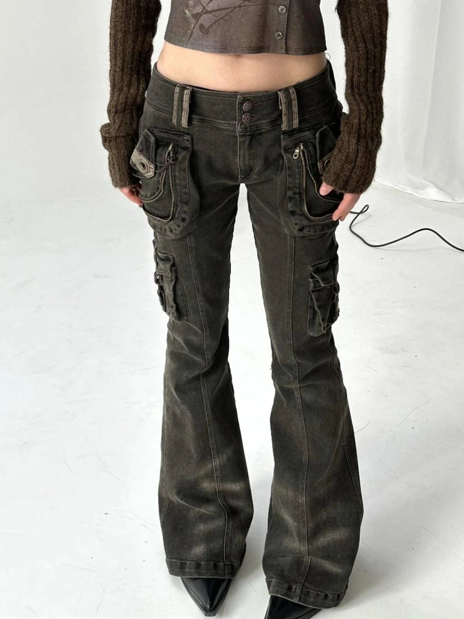 Vintage  Denim Pants Multi Pocket Stretch Cotton Low Rise Grey