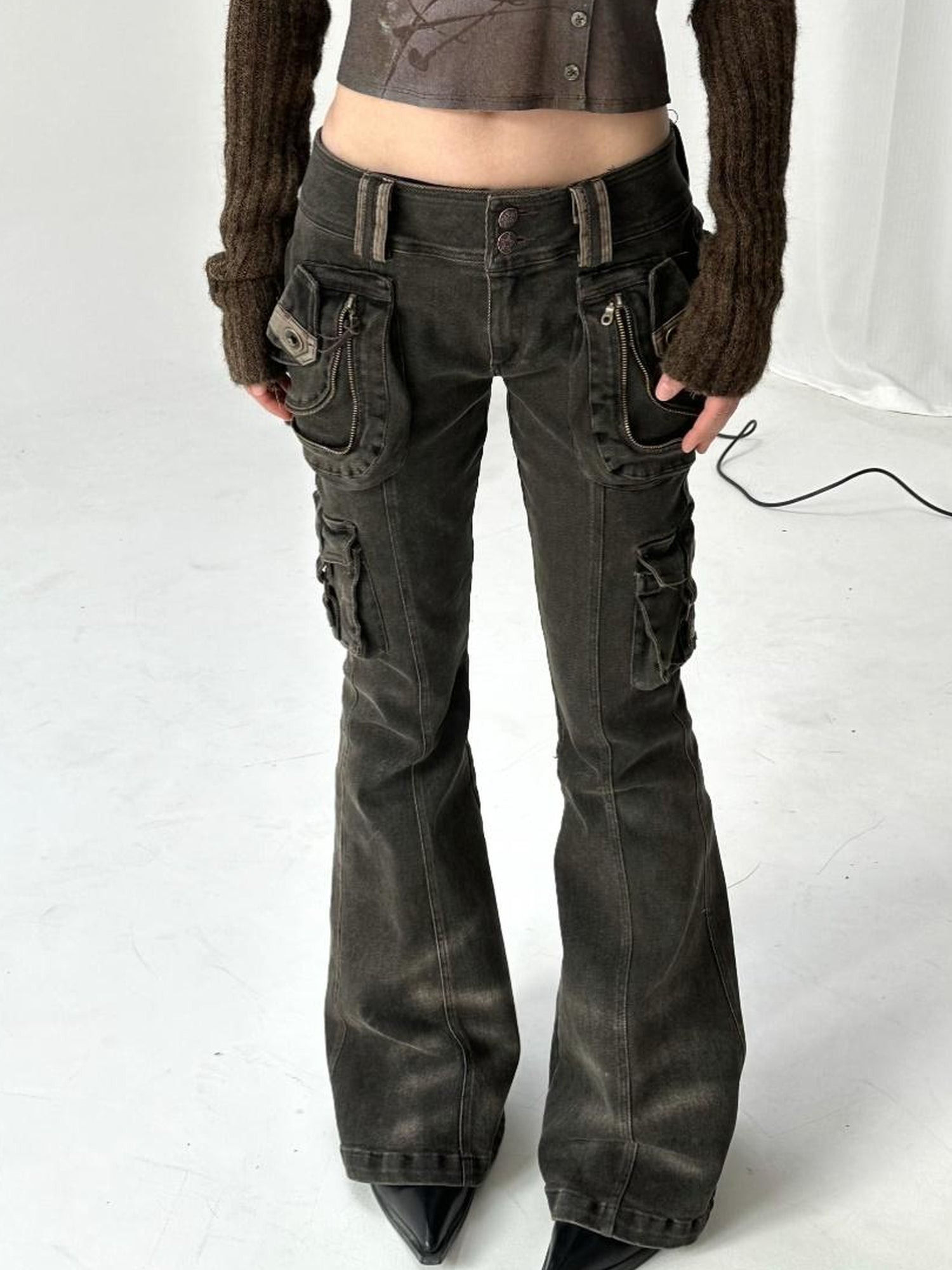 Flowers birds Market Vintage Flared Denim Pants Multi Pocket Stretch Cotton Low Rise Grey