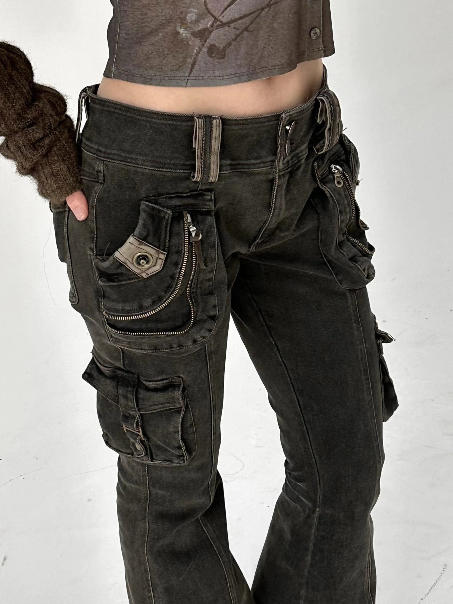 Vintage  Denim Pants Multi Pocket Stretch Cotton Low Rise Grey