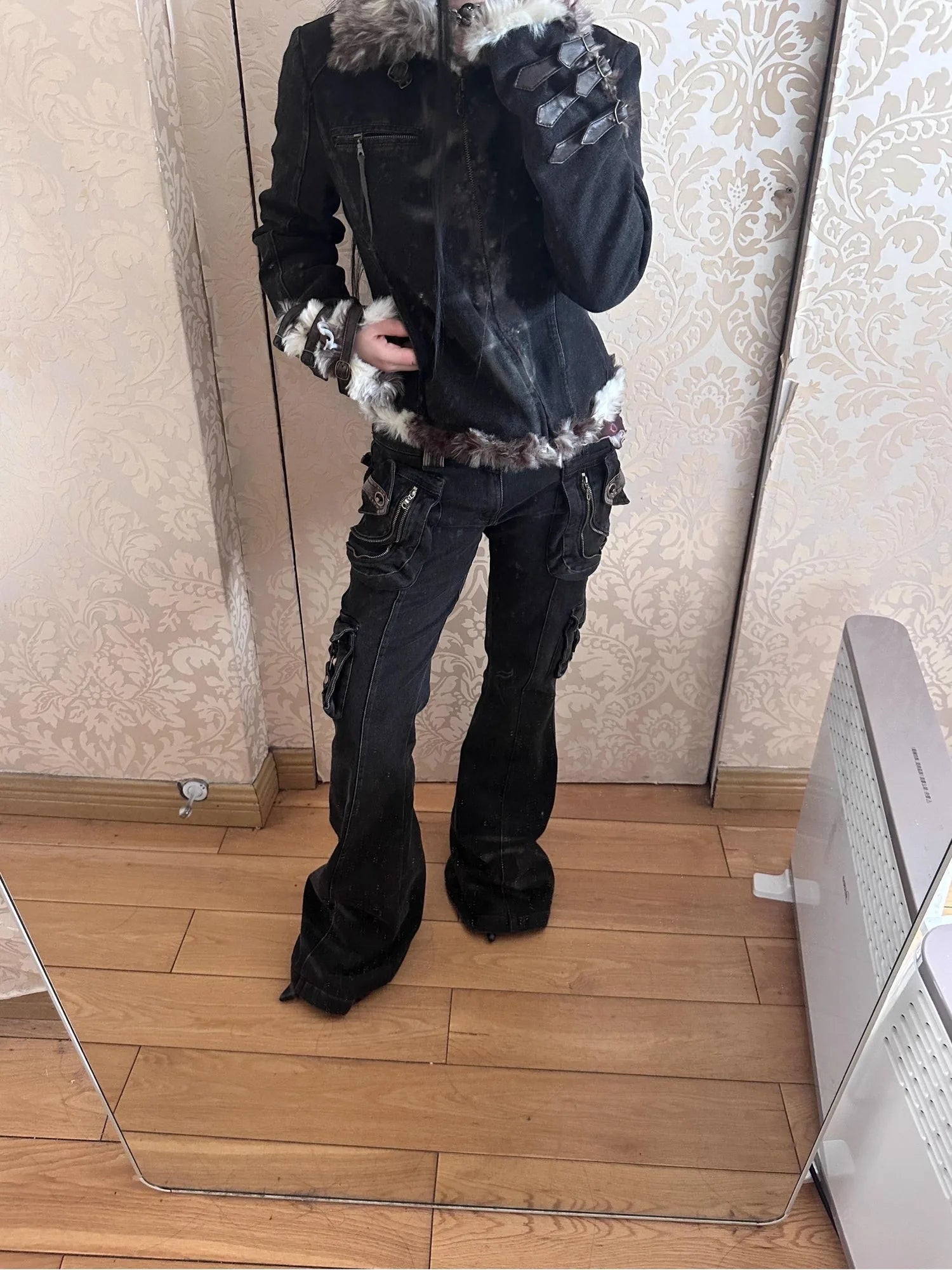 Vintage  Denim Pants Multi Pocket Stretch Cotton Low Rise Grey