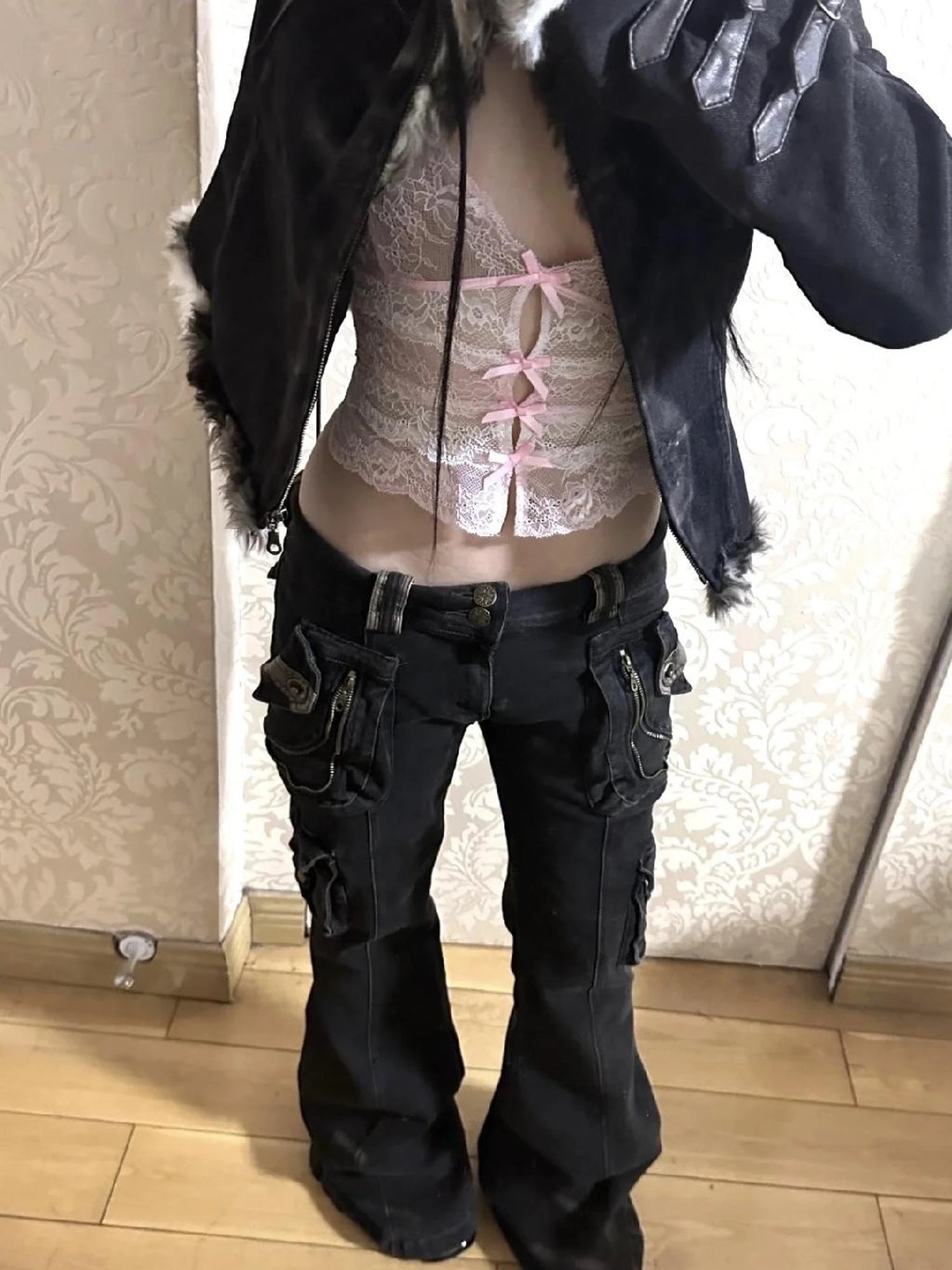 Vintage  Denim Pants Multi Pocket Stretch Cotton Low Rise Grey